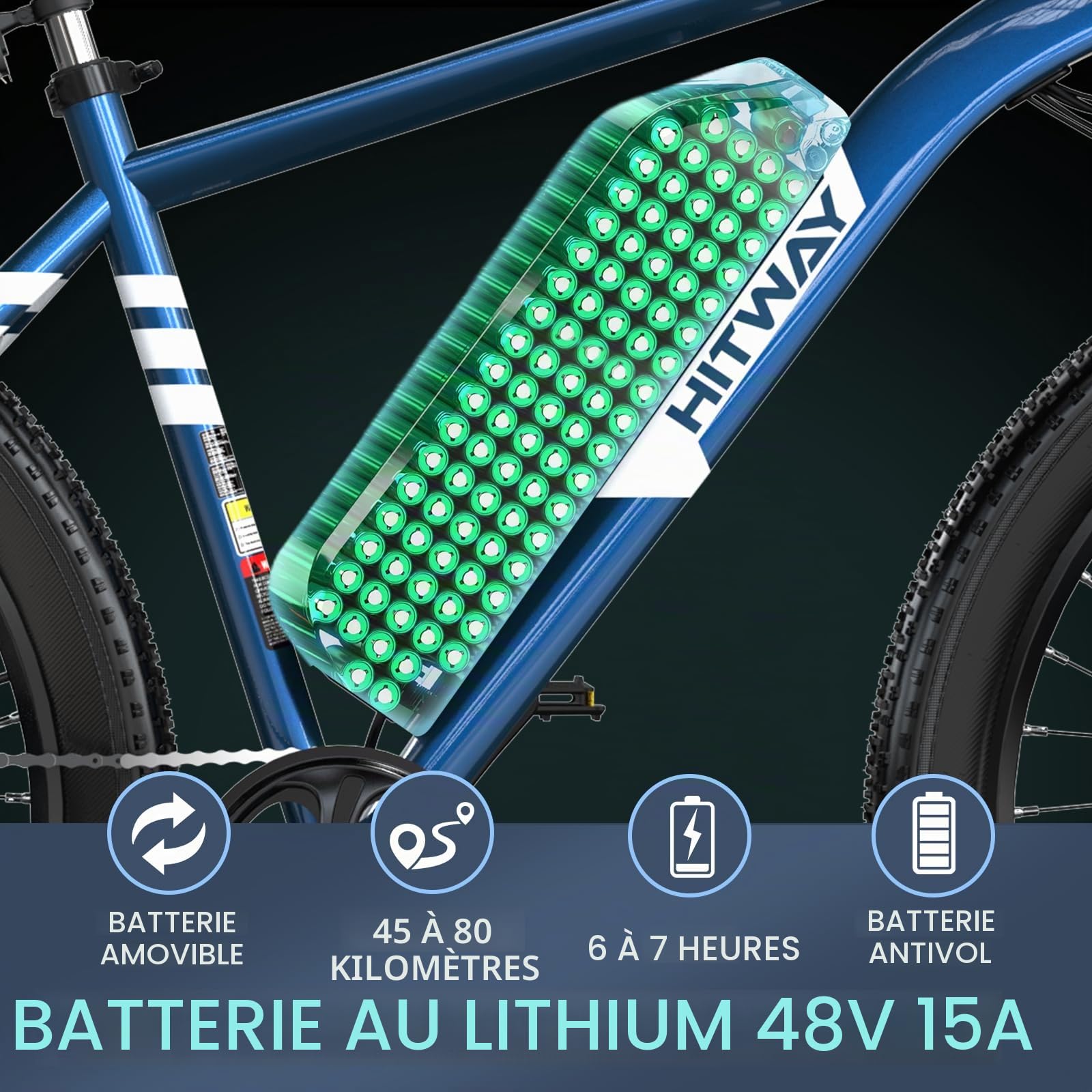 HITWAY Vélo Électrique, 26 * 3.0/4.0 Pouces VTT Électrique avec Batterie au Lithium Amovible 48V15Ah, Ville E-Bike avec 7 Vitesses, Moteur 250Wh, Autonomie 45-80km pour Adulte