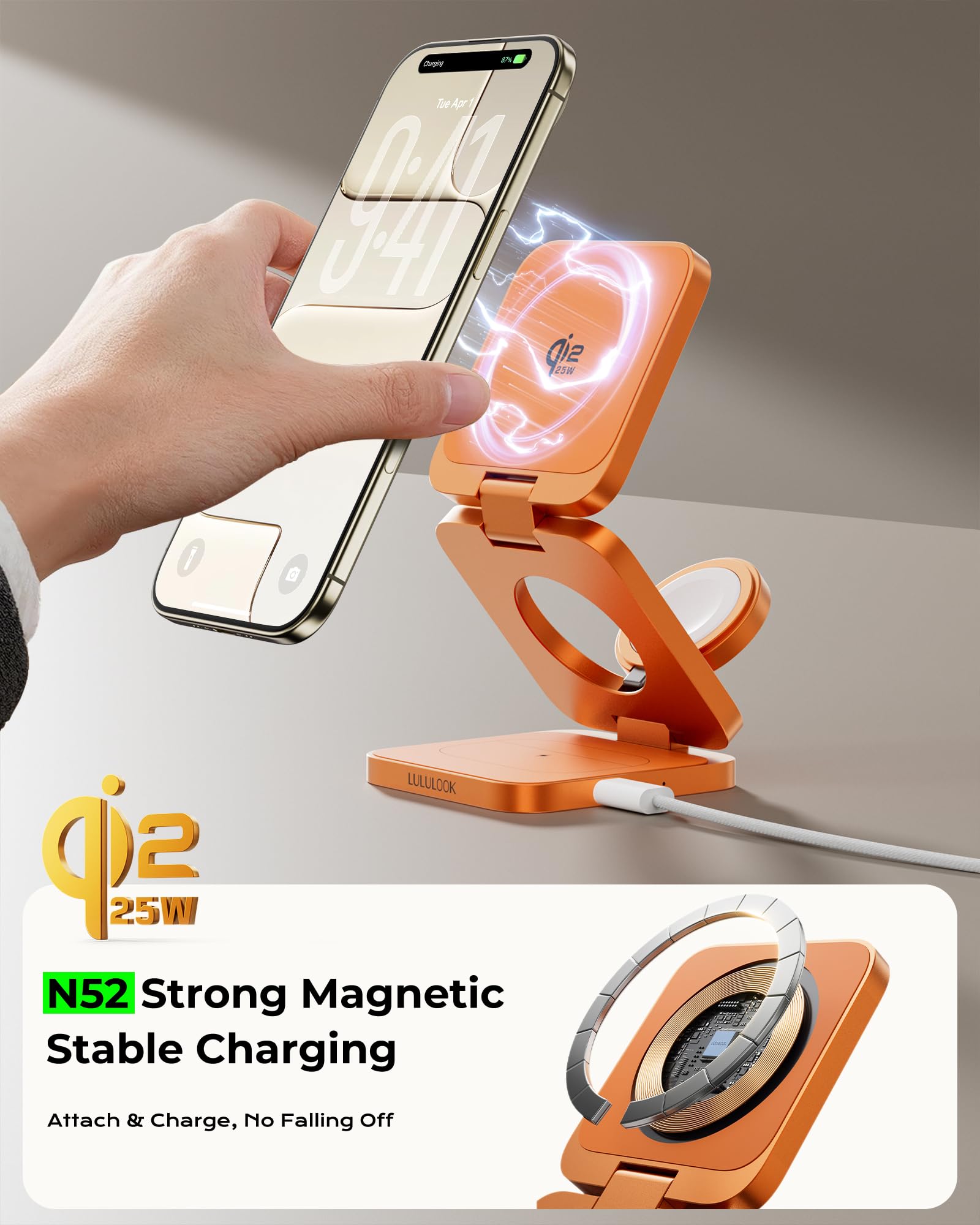 LULULOOK Cargador inalámbrico Qi2.2 de 25W Estación de Carga magnética 3 en 1 para iPhone 17/16/15/14/13/12,Apple Watch,AirPods,Plegable Aluminio Soporte de Carga rápida con Adaptador GAN de 45W