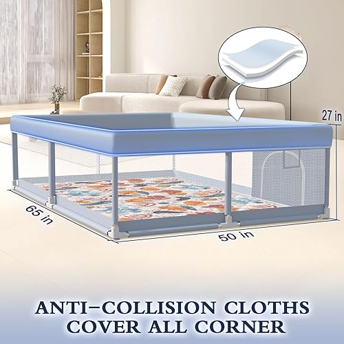 Miniatura 5 de Corralito para bebés de 65 x 50 pulgadas con paspartú, corralito para bebés y niños pequeños, corralito de juegos para interiores y exteriores, tela