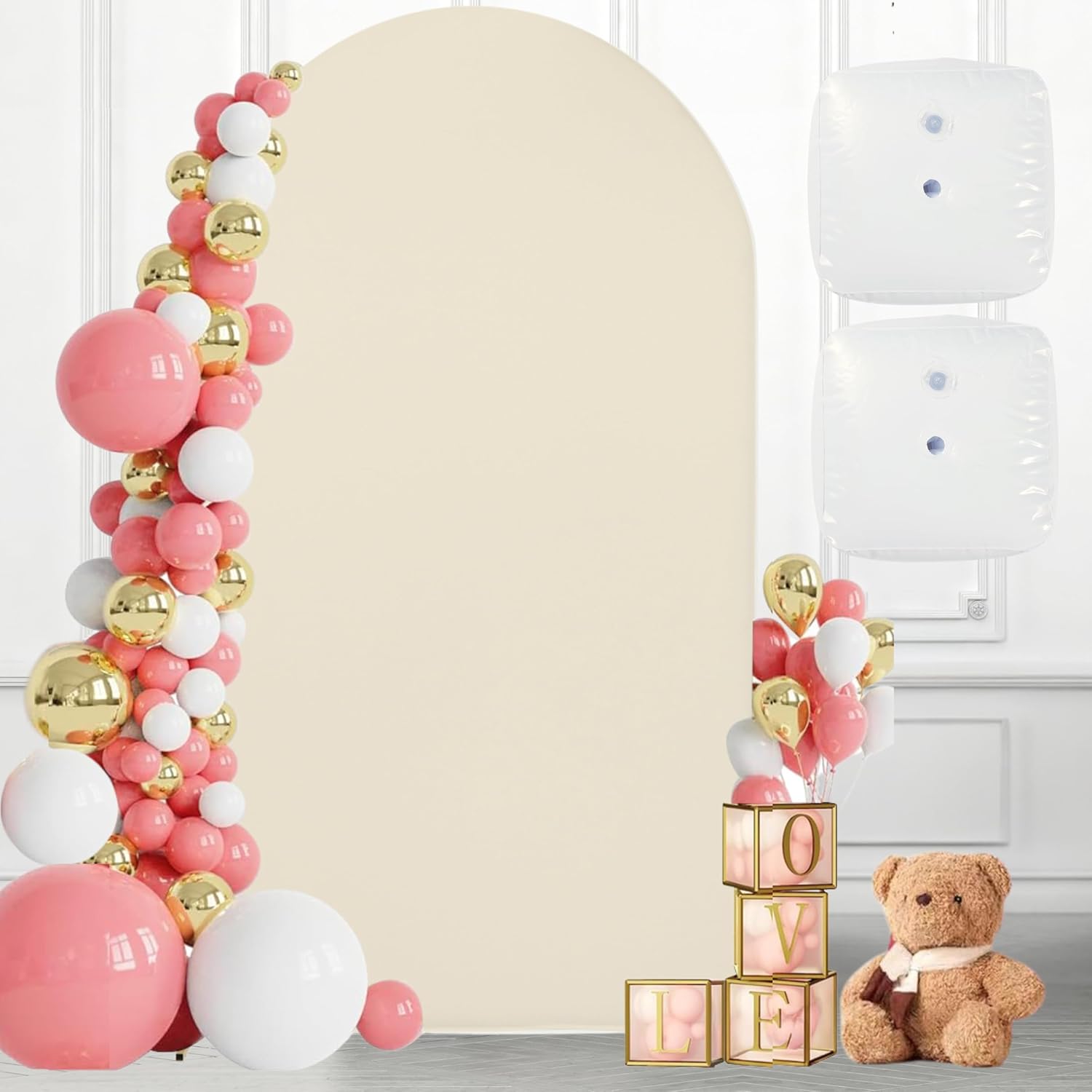7.2 FT Wedding Arch Backdrop Stand and Cover Set | Metal Backdrop Arch Stand, Balloon Stand, Water Bags | Party, Bridal Show, Birthday, Baby Shower Decorations (Beige Cover)