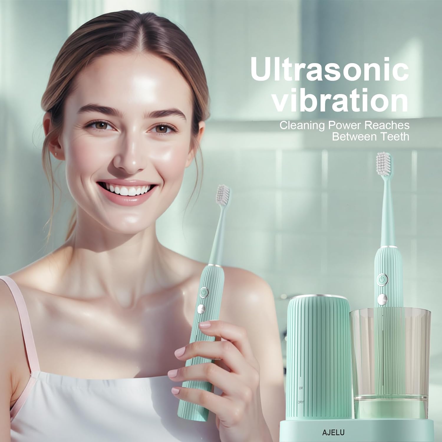 AJELU Rechargeable Sonic Toothbrush with Drying Holder, 8 Brush Heads, Smart Timer, Waterproof Design – Mint Green Edition