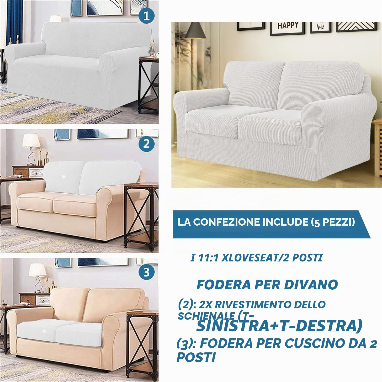 Copridivano Elasticizzato con Schienali Separati E Cuscini Seduta, Copridivano Antiscivolo con Fascia Elastica, Proteggi Mobili Jacquard (2 Posti,Bianco)