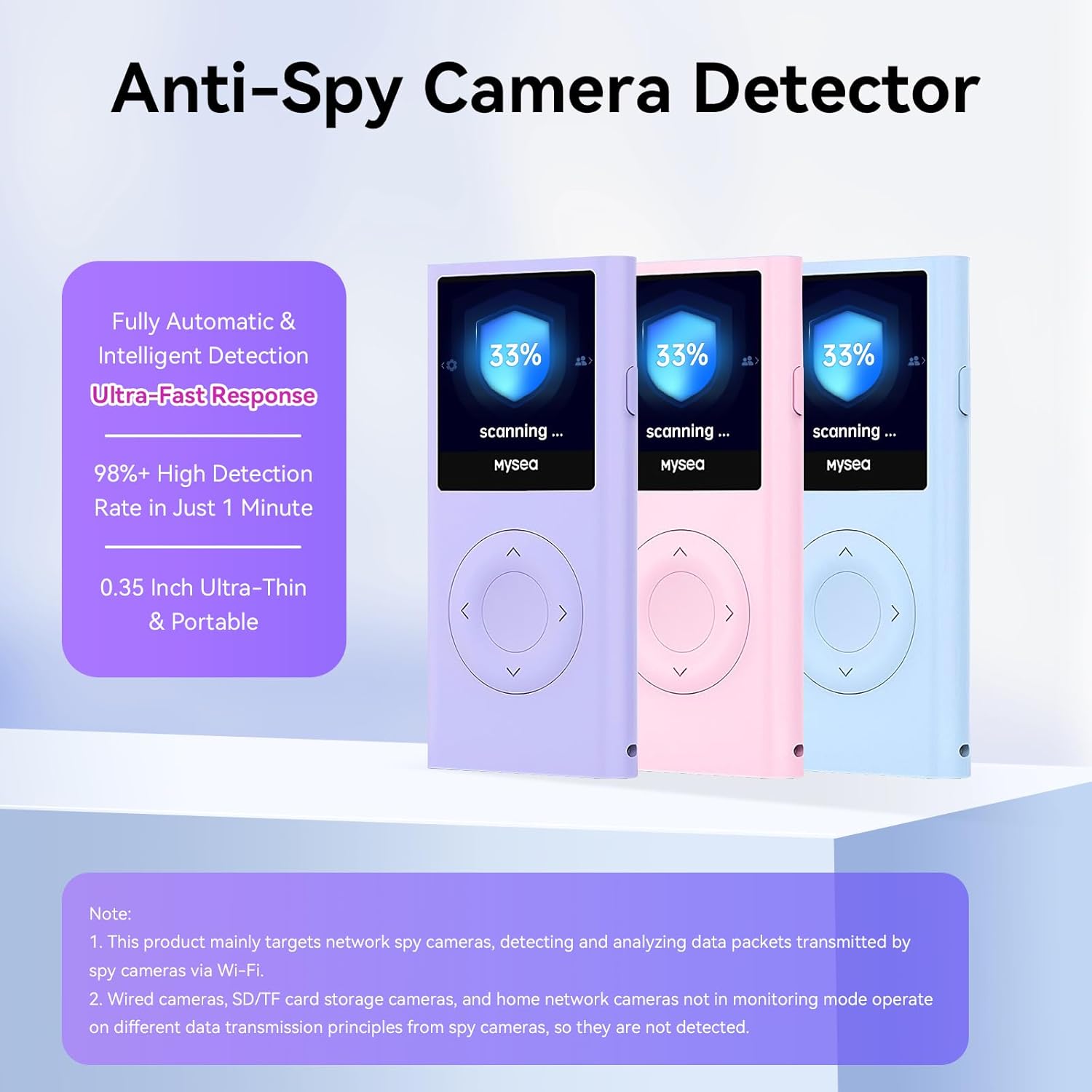 Mysea Hidden Camera Detectors with Screen - Portable AI Anti Spy Camera Detector, 2.4G/5G Dual-Band WiFi Detection, Rechargeable Long Battery Life for Hotel, Office, Travel, Home(Aurora Purple) - Image 2