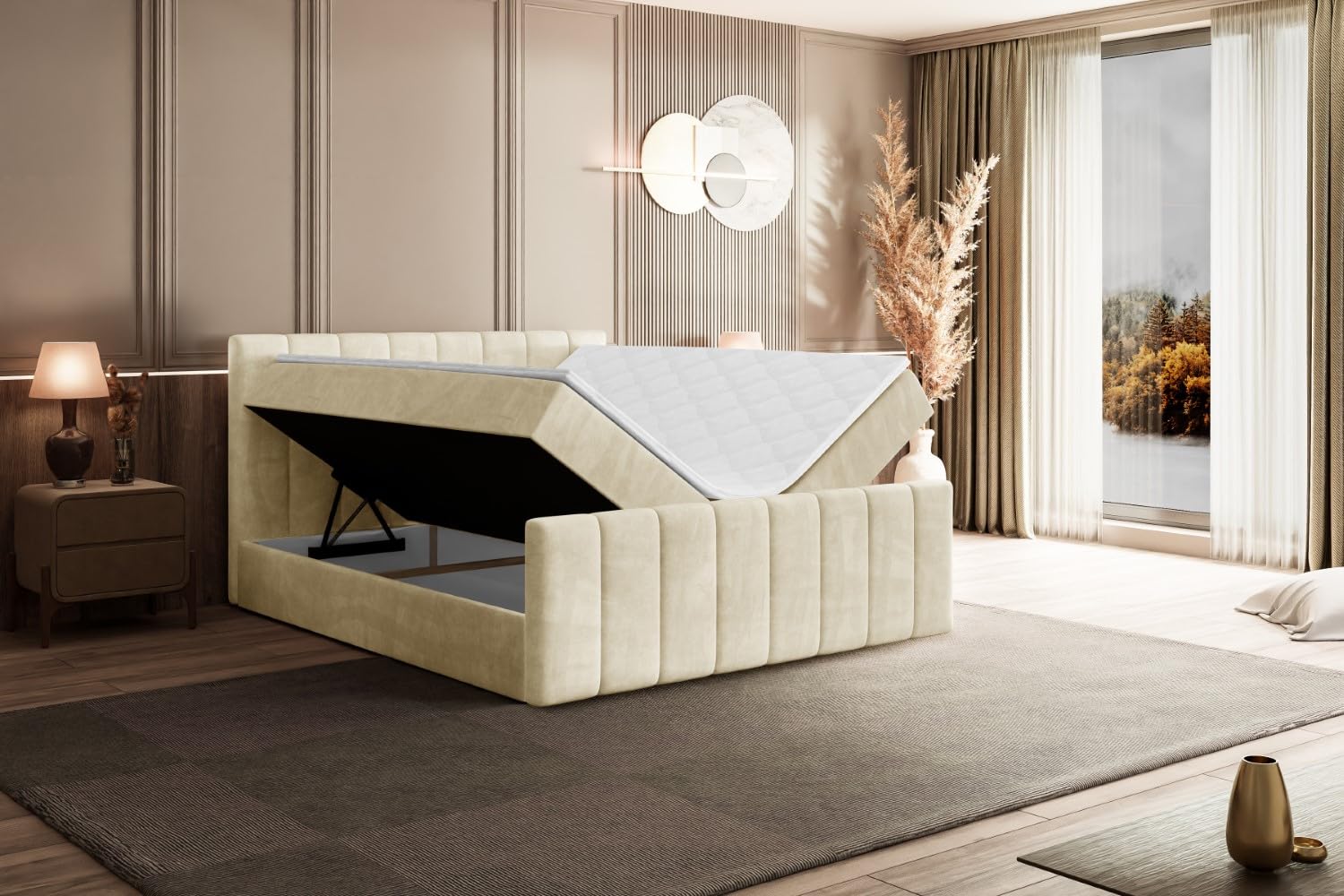 ALTDECOR Boxspringbett mit Matratze und Lattenrost, Boxbett, Topper, Fußteil, Polsterbett mit Bettkasten, Bett mit Stauraum H3-Matratze, Springboxbett - OTTA-Z - 200x200 - Beige Monolith 04
