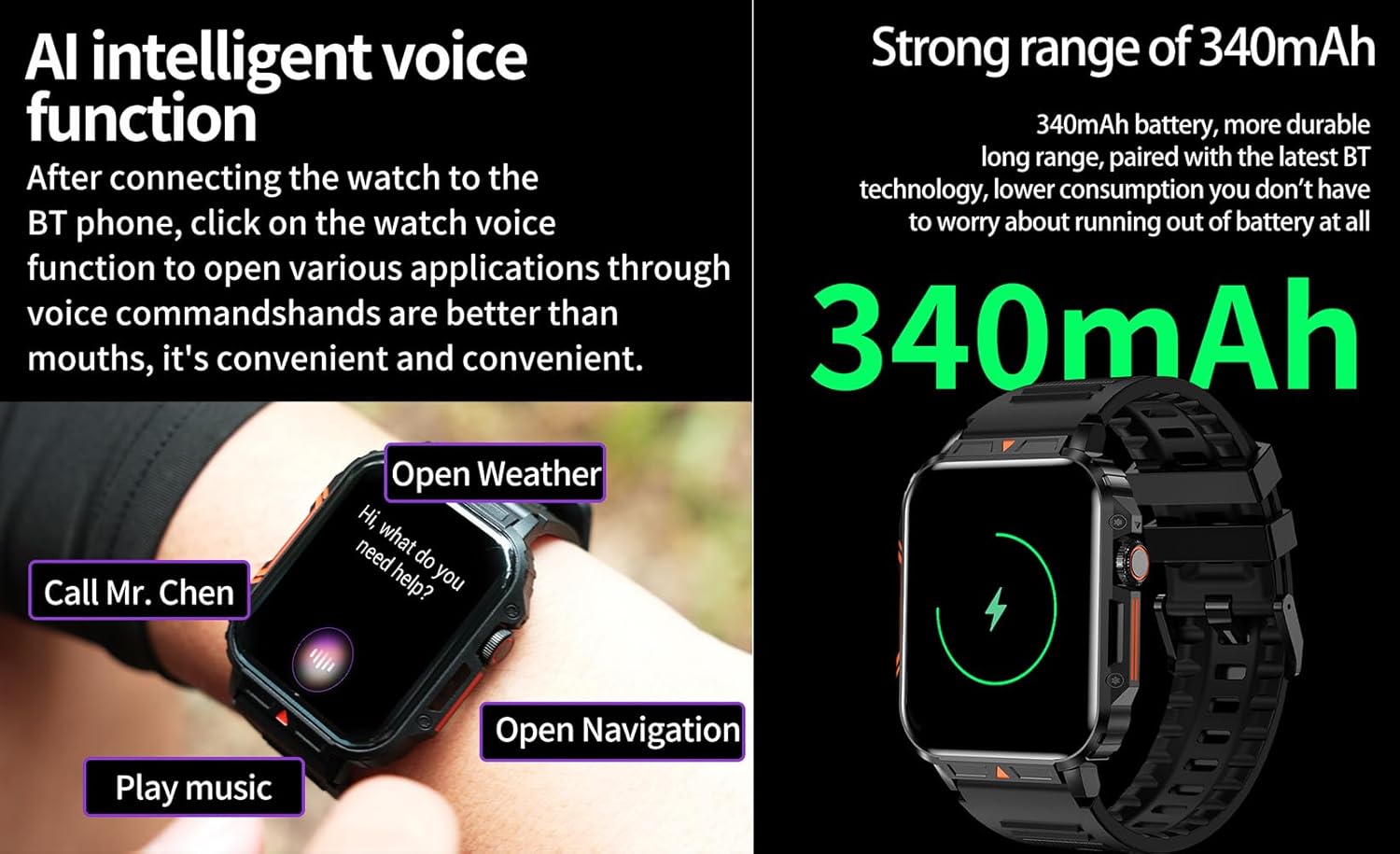 Jooeniok L81 Smart Watch displaying voice command options like 'Open Weather' and 'Call Mr. Chen'