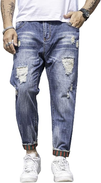 Jeans da Uomo Taglie Forti Estivi Pantaloni in Denim Comodi e Rilassati,  Pantaloni Harem in Denim con Risvolto alla Moda a Vita Media : Amazon.it:  Abbigliamento