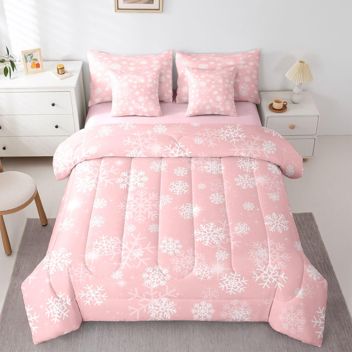 Feelyou Merry Christmas Bedding Set Twin Size for Kids Xmas Candy Cane Comforter Sets 7 Pieces Snowflake Bed in a Bag with Comforter, Sheets, Pillowcases & Cushion Cover