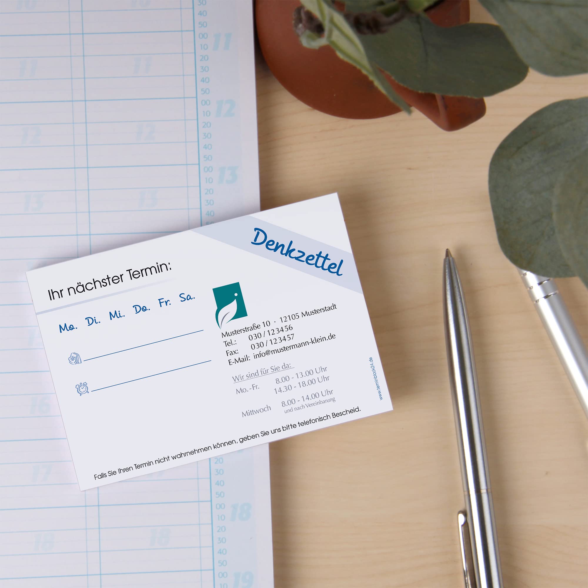 200 Terminblöcke Classic #1 individuell bedruckt mit Ihrem Text und Logo! 50 Blatt je Block, 74 x 105 mm (DIN A7), quer, mehrere Grundfarben und Terminfelder wählbar