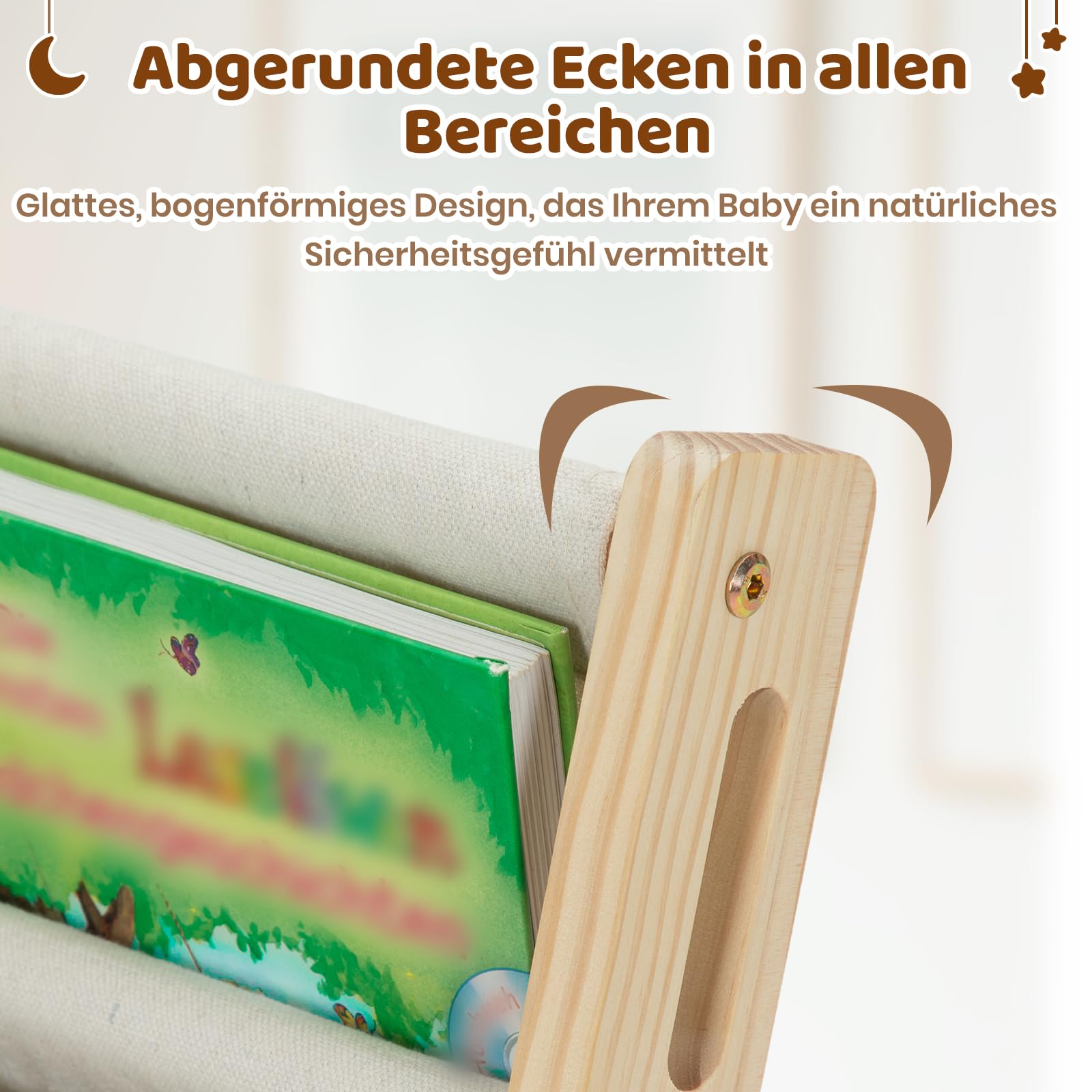 COSYLAND Kinderbücherregal Montessori – Bücherregal Kinder mit 6 Stofffächern, frontal offenes Bücher-Display aus Kiefernholz, Kinderregal für Kinderzimmer & Leseecke, Naturholz, 42 x 30 x 76 cm