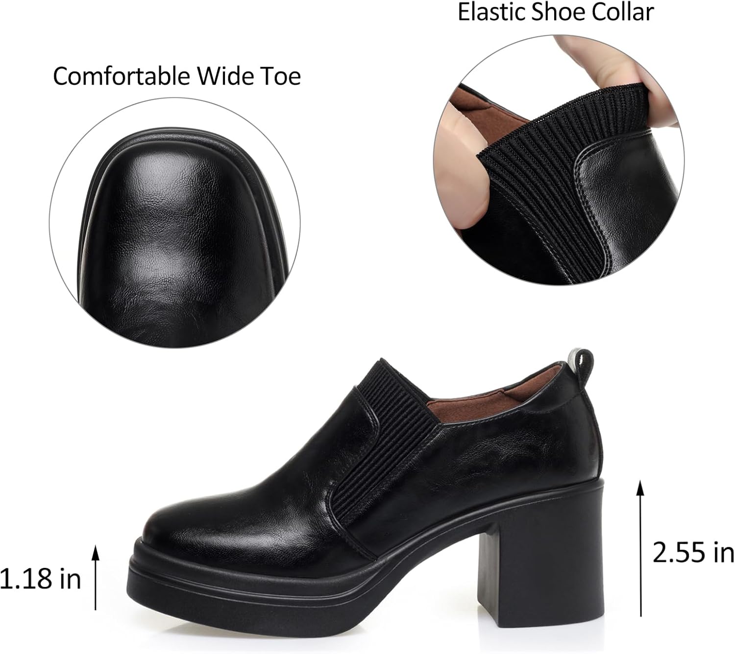Women's Leather Square Toe Chunky High Heel Loafers Comfortable Slip On Platform Block Heel Pumps Casual Office Business Work Dress Shoes
