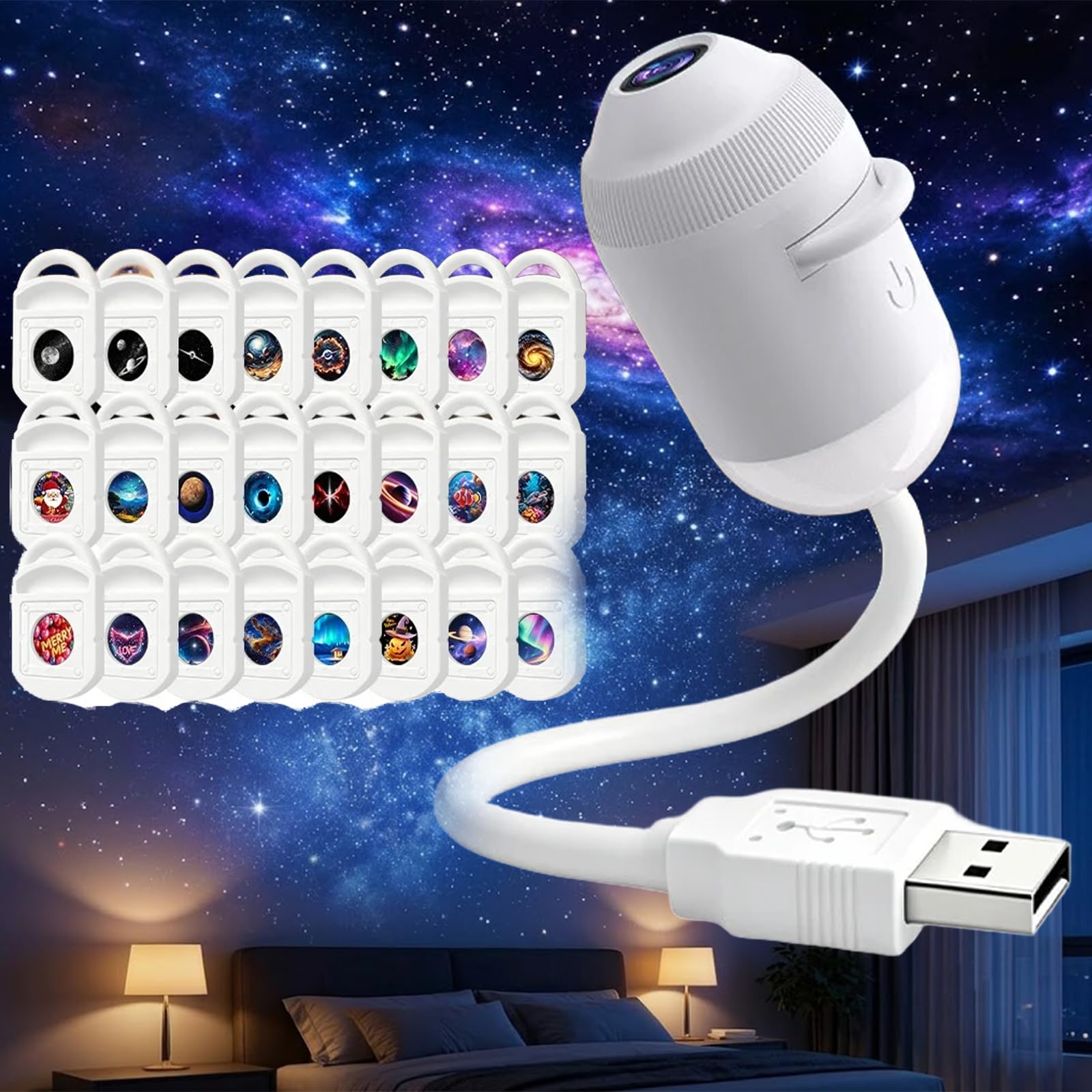 Hd Smart Dynamic 5d Holographic Night Light Projector,Usb Galaxy Projector with 6/12/24 Projection Films,Plug-and-Play,360° Adjustable,for Kid Adult Bedroom Ceiling Wall Room，white：24Projection Films