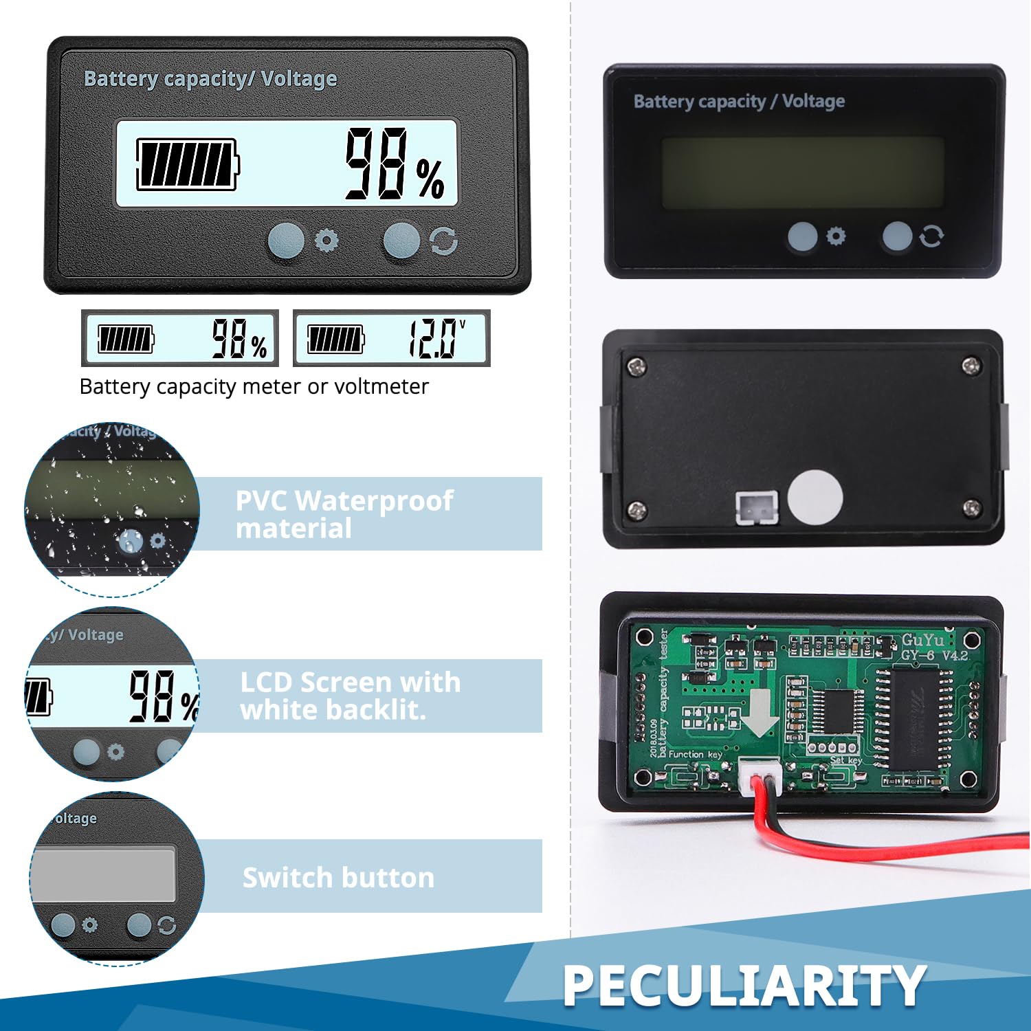 VooGenzek Compteur de Batterie CC, Moniteur de Voltmètre Capacité, Indicateur Batterie Plomb, Écran LCD DC 12V 24V 36V 48V