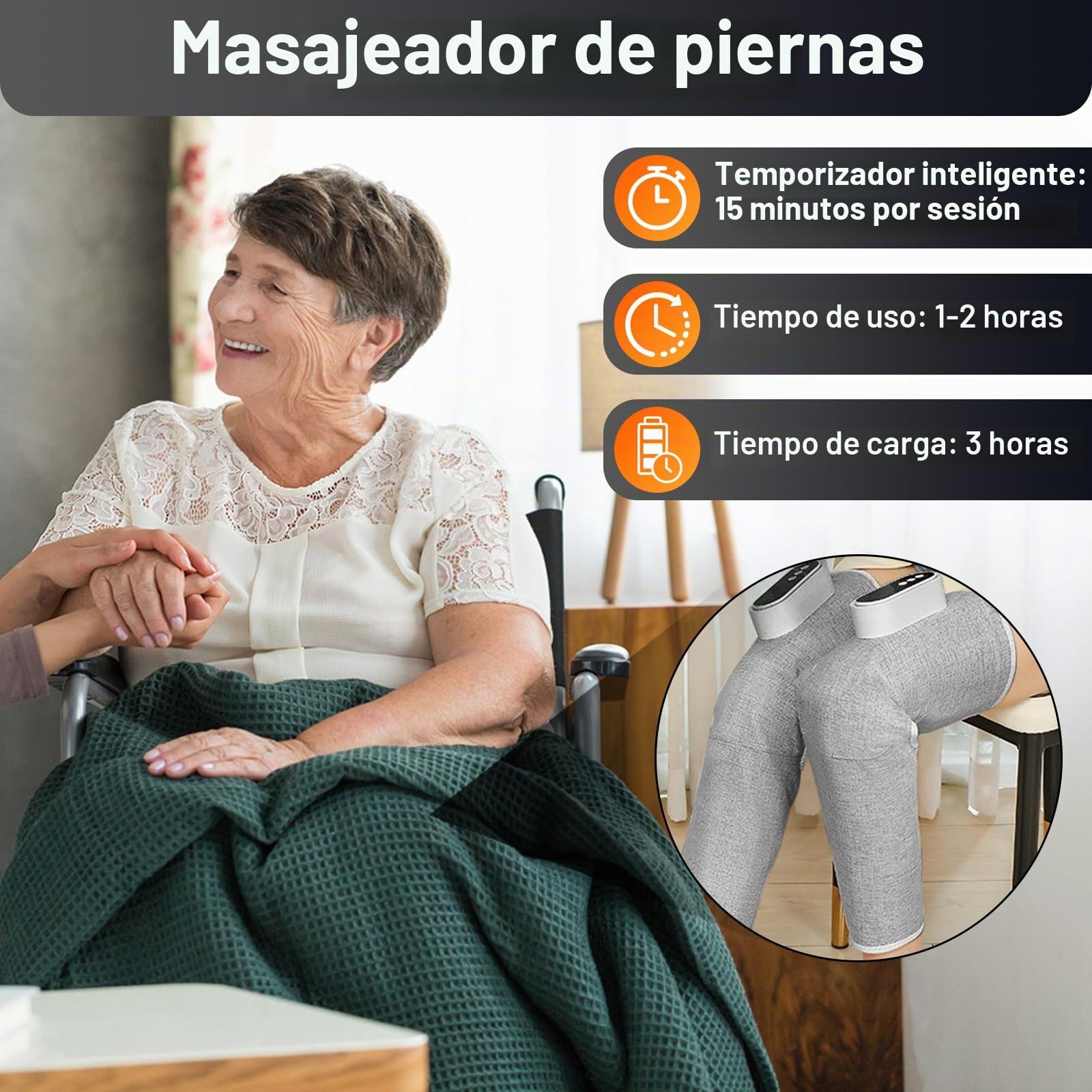 Masajeador de Piernas, Masajeador de Pantorrillas con 3 Modos de Masaje, 3 Niveles de Intensidad, 3 Funciones de Calor Tamaño Ajustable Regalo para Madre, Padre o Personas Mayores (1 Unidad)