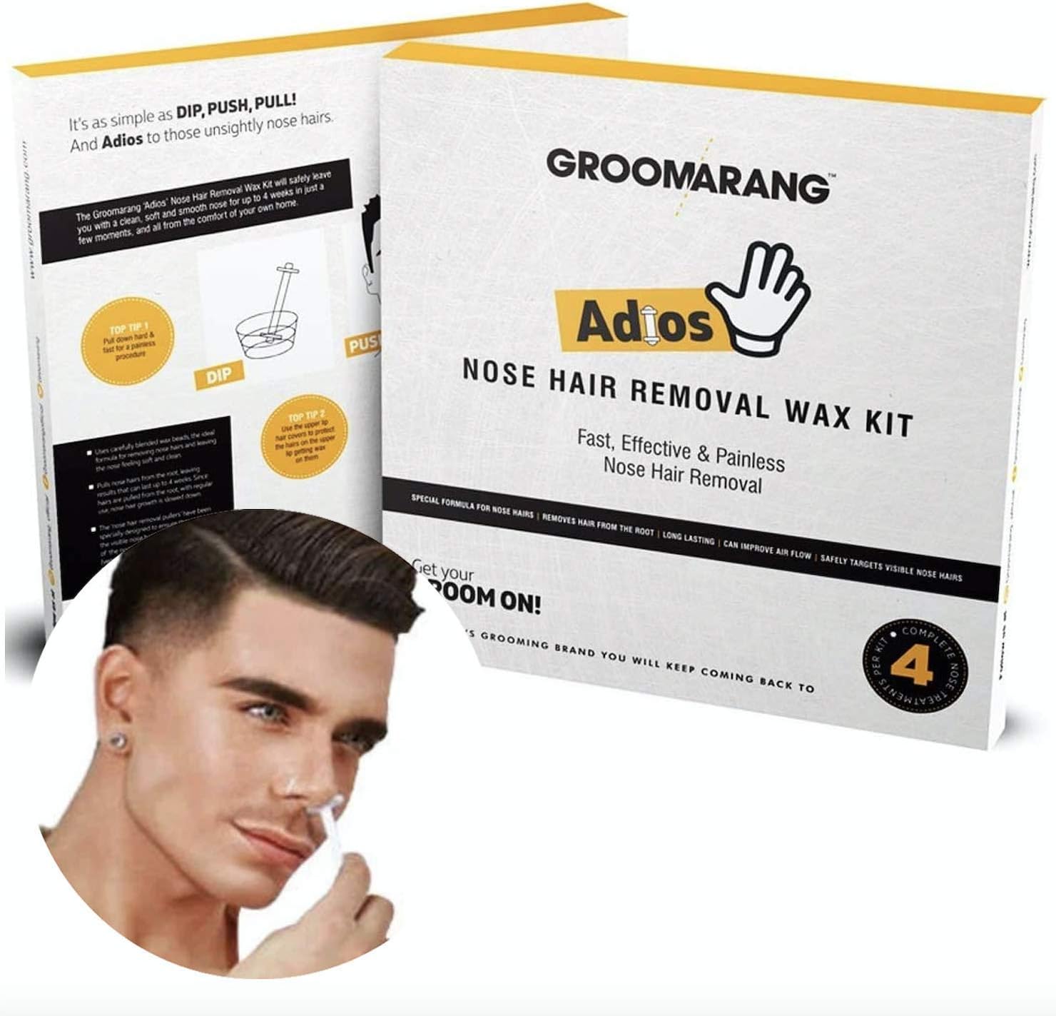 Nose Waxing Kit Groomarang ‘Adios’ Nose Hair Waxing Kit for Men - Includes Nose Hair Wax Beads, Pullers & Moustache Protectors for Fast, Effective & Painless Nose Hair Removal