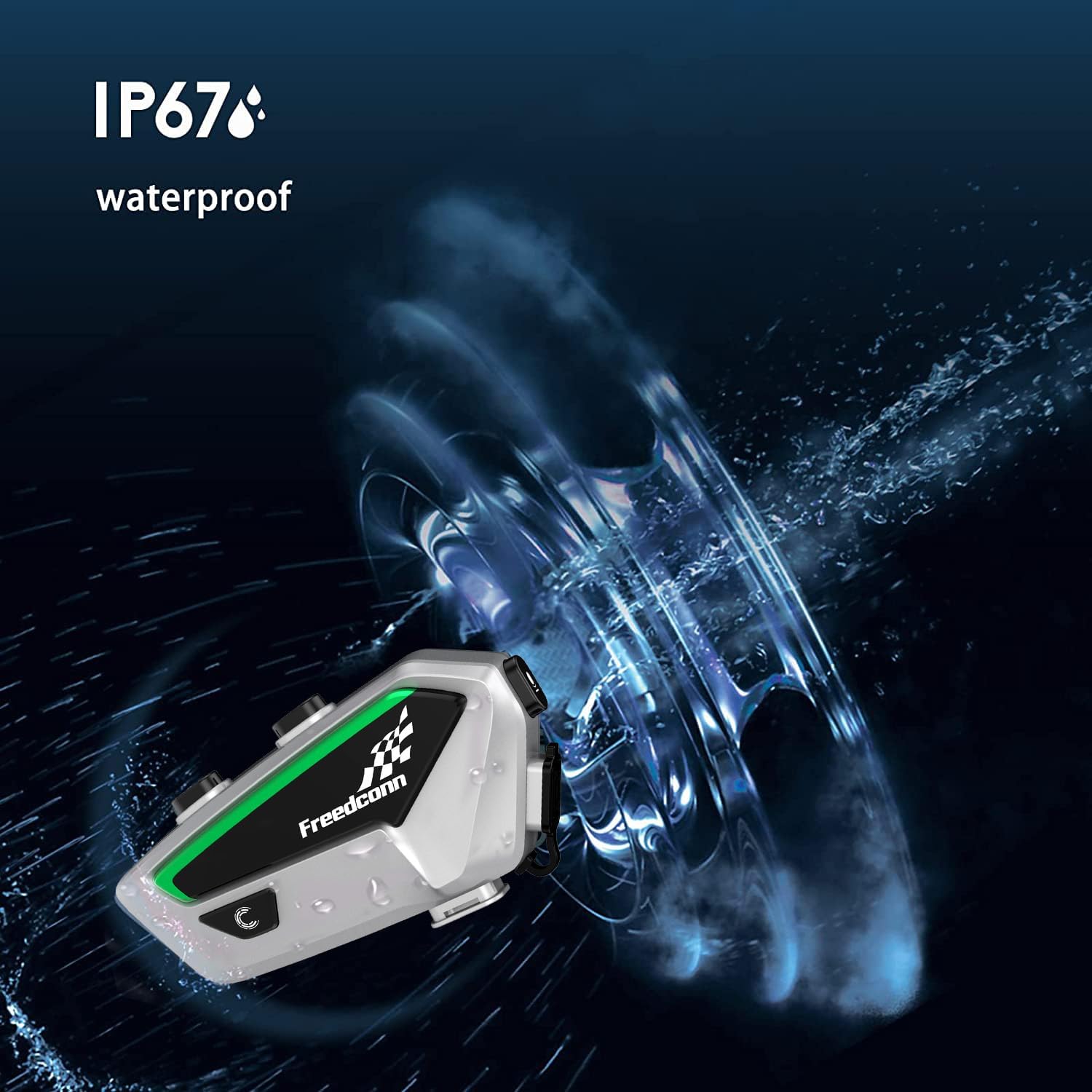 FreedConn FX intercom unit mounted on the side of a motorcycle helmet.