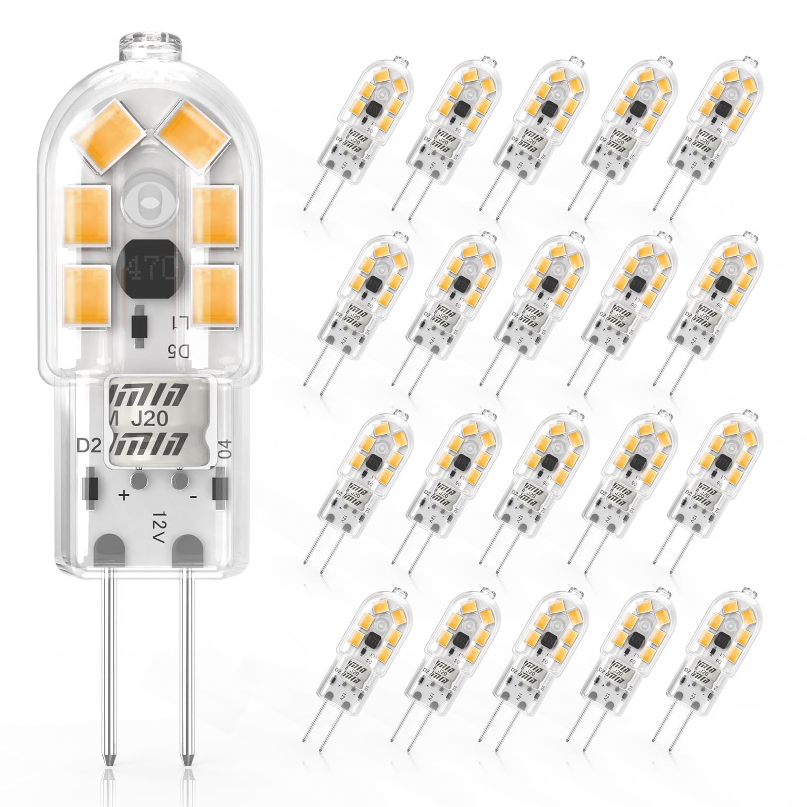 Cxyemt G4 LED Bulbs Warm White 3000K, 2W Equivalent 20W Halogen Bulb, AC/DC 12V Energy Saving G4 LED Capsule Light Bulbs, Non Flicker, Non-Dimmable, 20 Pack
