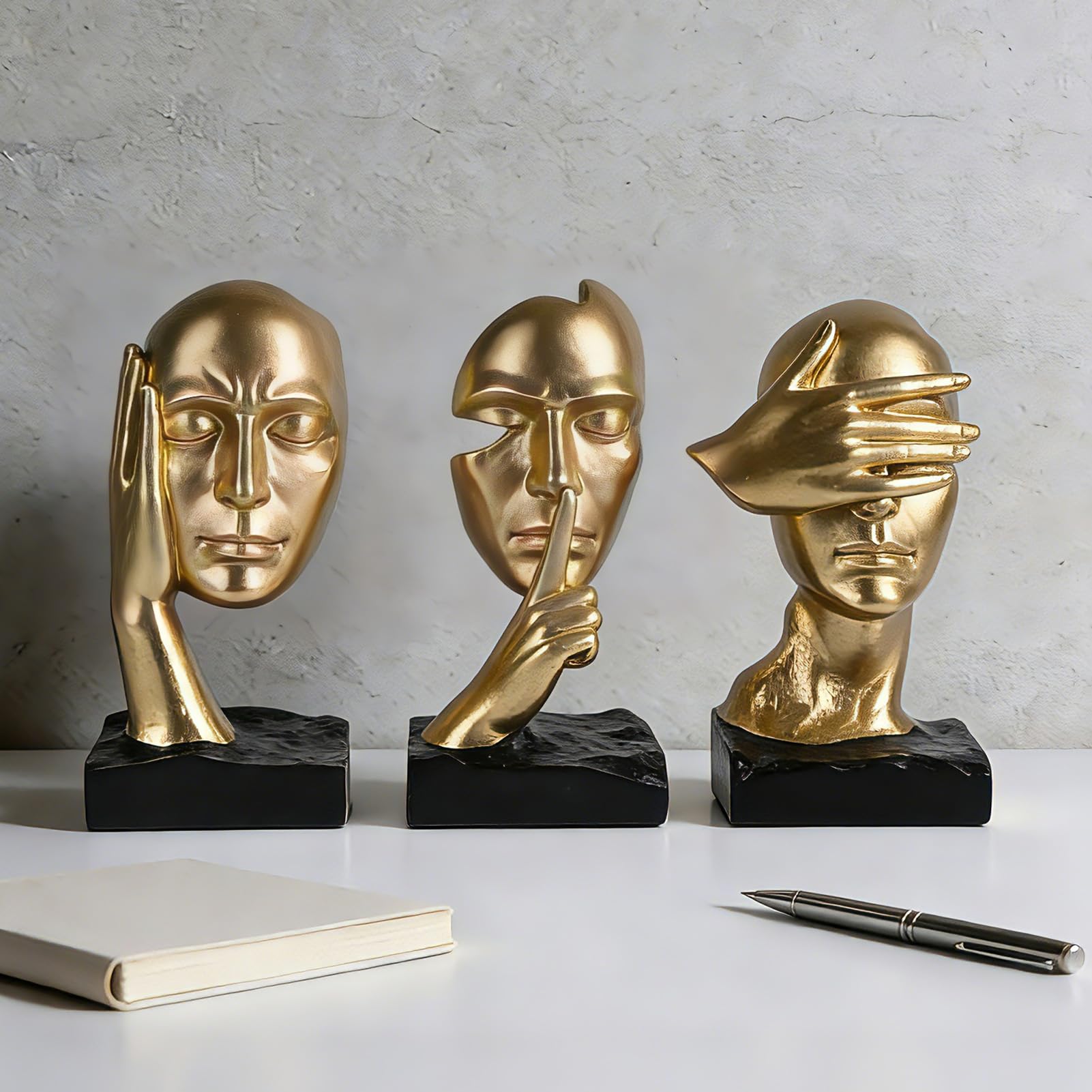 Set di 3 statue del pensatore con scritta in inglese "See No Evil Hear No Evil Speak No Evil, No Evil, No Evil, Scultura astratta, in resina, decorazione per casa, ufficio, soggiorno, mensola