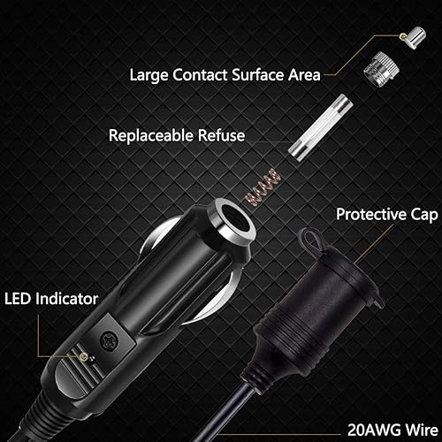 Miniatura 8 de Cable de extensión para encendedor de cigarrillos de 18 AWG de 19.6 pies, cable de núcleo de cobre puro, cable de enchufe de alimentación de CC