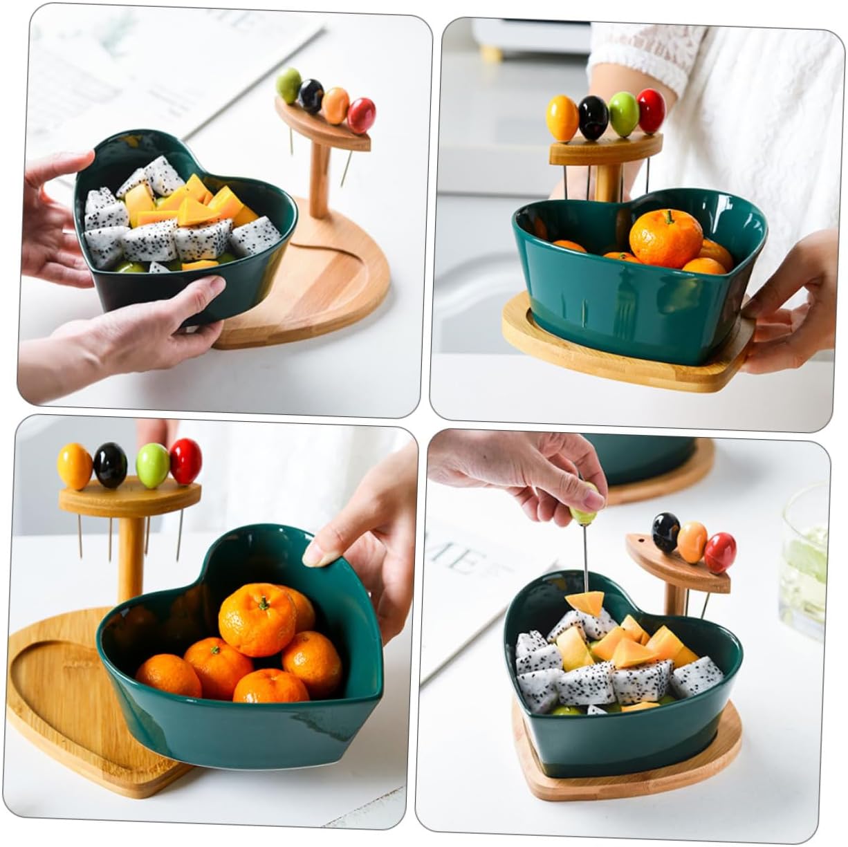 Mikinona Heart Shaped Ceramic Fruit Bowl with Forks 1pcs Porcelain Salad Bowl for Snacks and Dessert Serving in Kitchen and Living Room