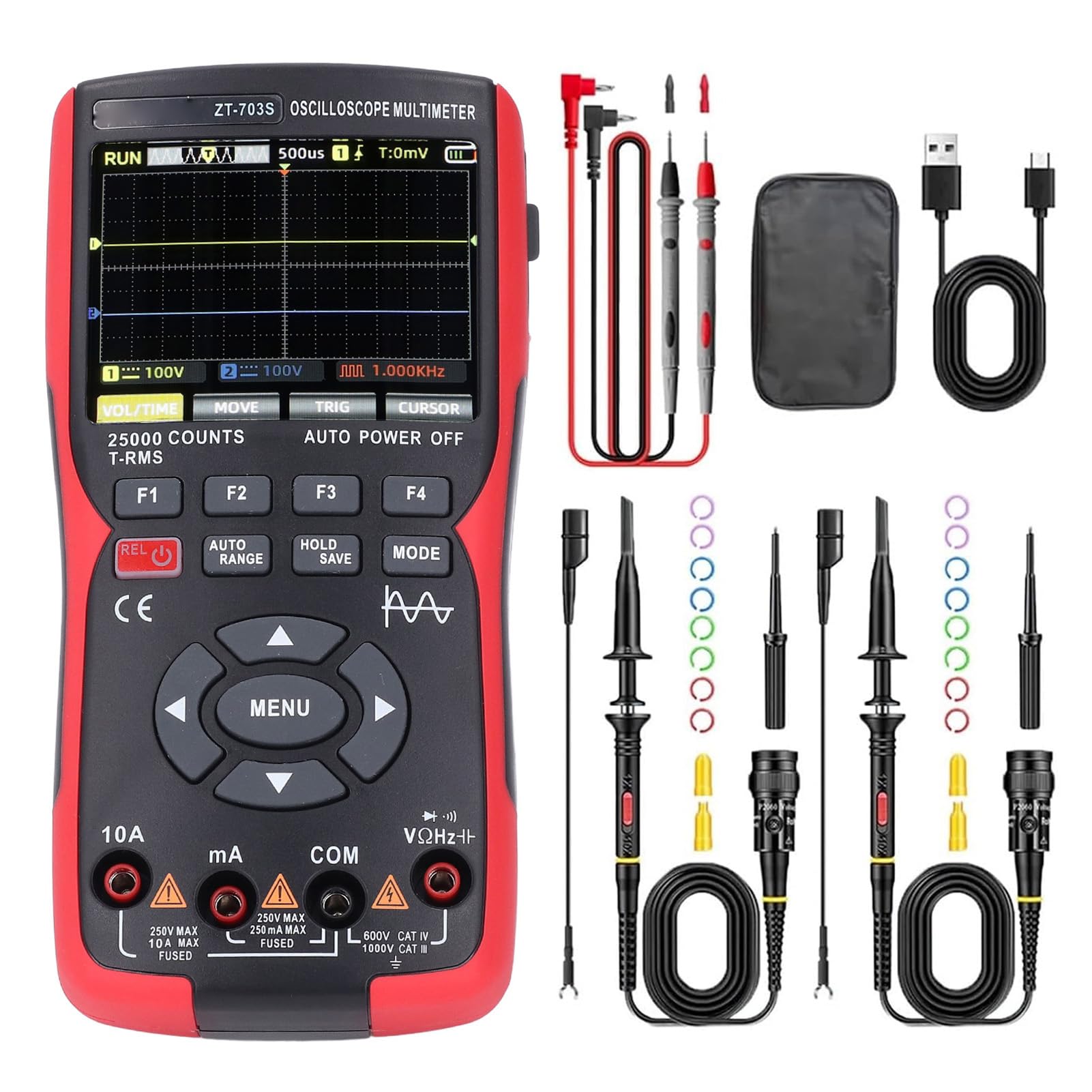 Digital Oscilloscope Multimeter Color Screen 25000 Counts Dual Channels 50MHZ Handheld Multifunction Tester Portable Oscilliscope ZT-703S for Electronics Lab