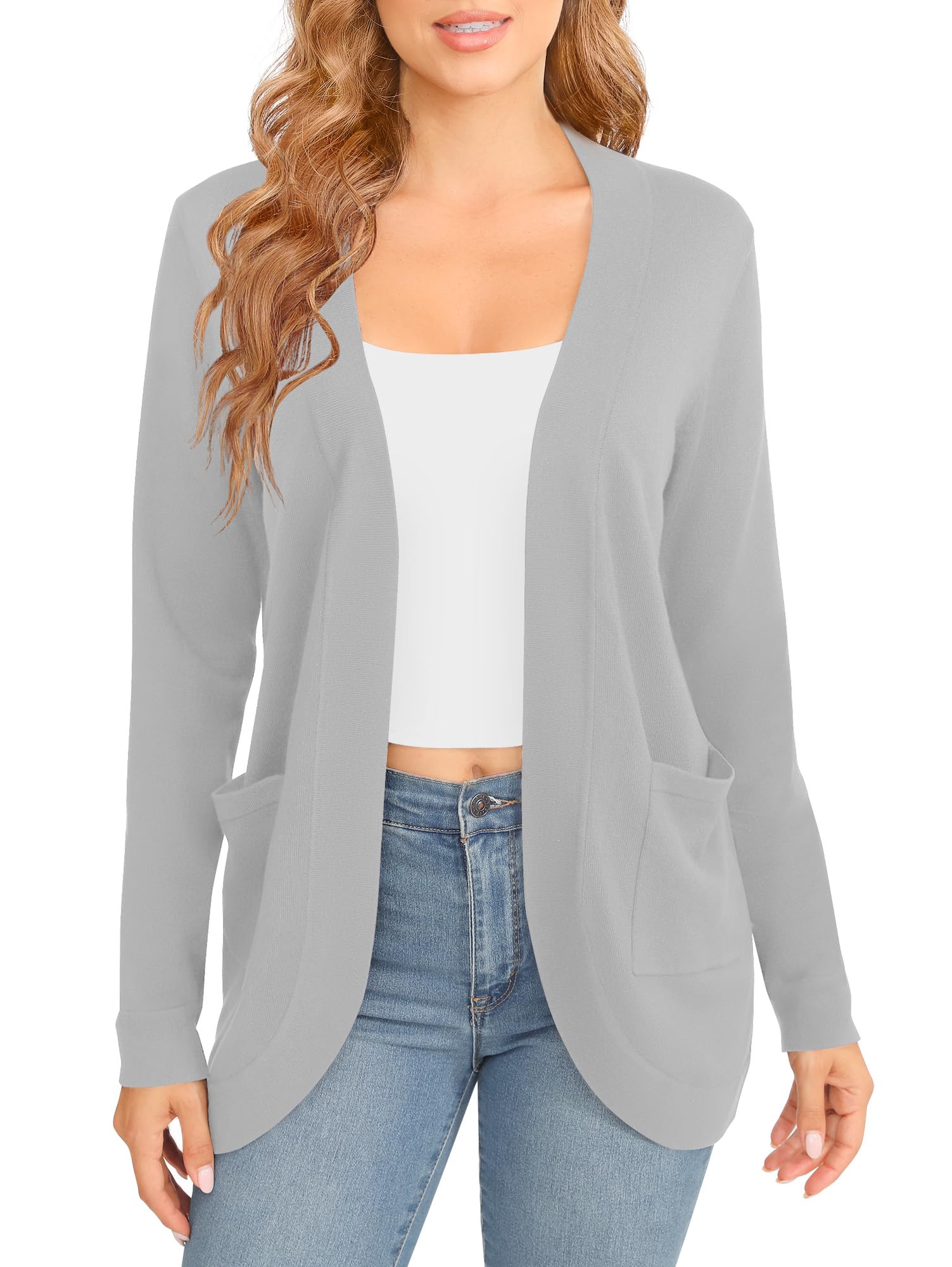 Mujeres Elegante Ligero Manga Larga Cardigan Dobladillo Curvo Frente Abierto Punto Suéter con Bolsillos