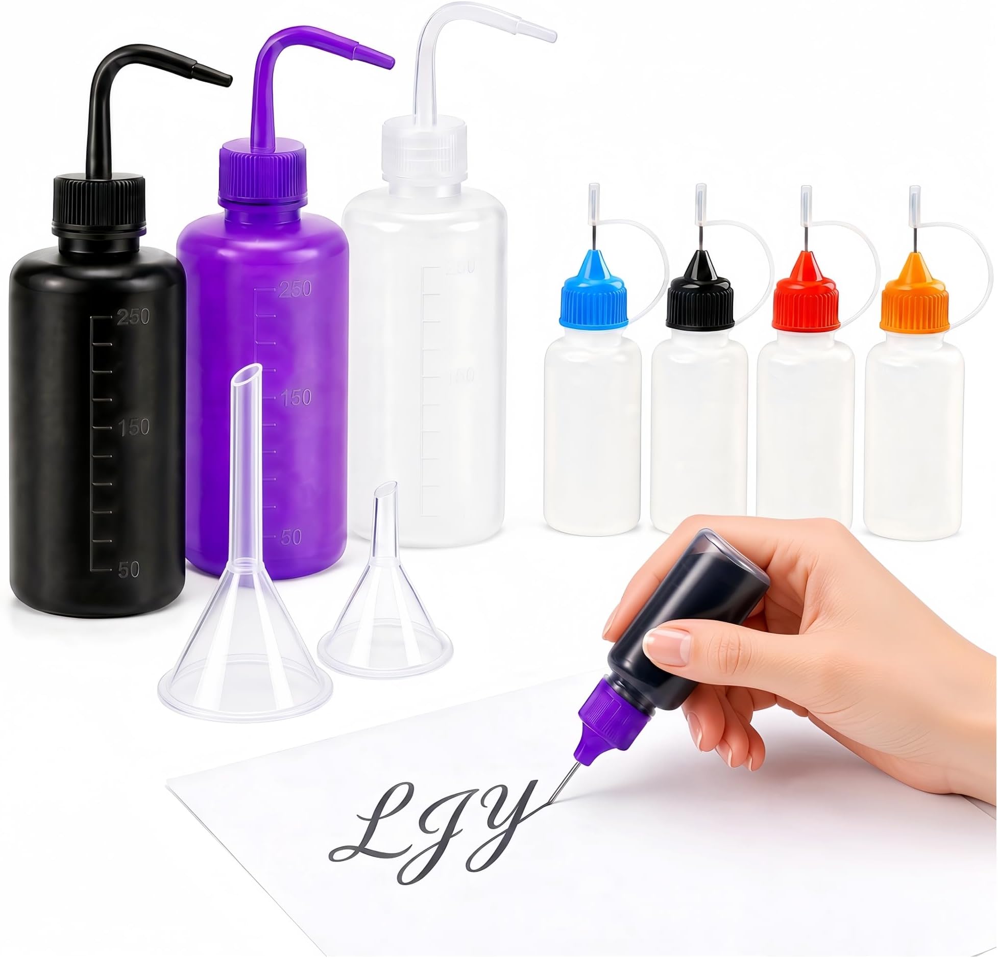 LJY 3 Pack 250ml Wash Bottles Black Purple White + 5 x 30ml Needle Tip