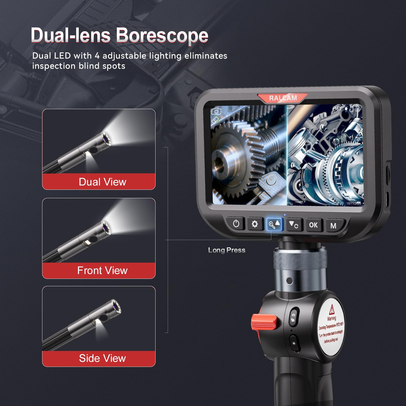 Ralcam Dual Lens Articulating Borescope Camera with Light, Slim Probe — Amazon image 2