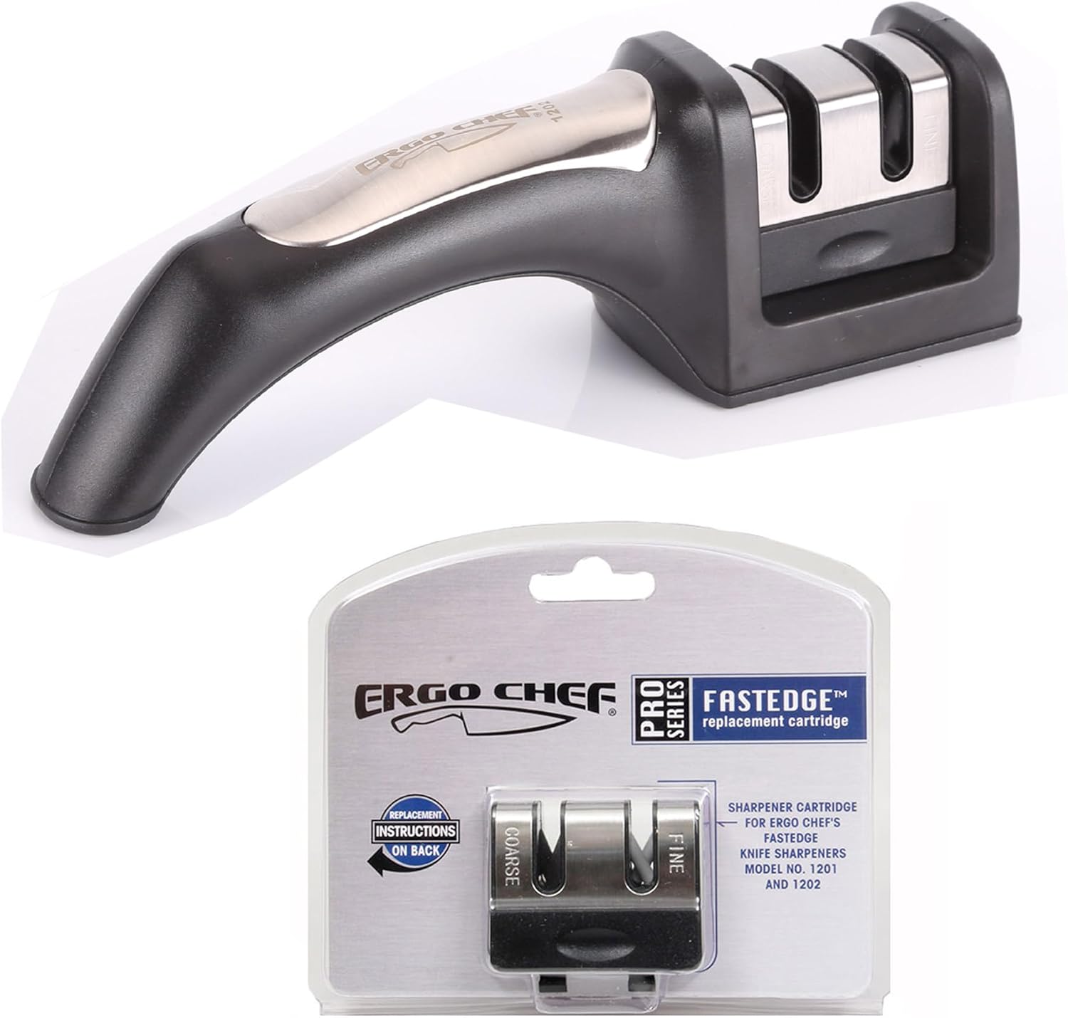 Ergo Chef Fastedge 2 Stage Knife Sharpener, Tabletop Kitchen Knife Sharpener, Tungsten Carbide and Ceramic Inserts, (Black) With extra Sharpening Cartridge