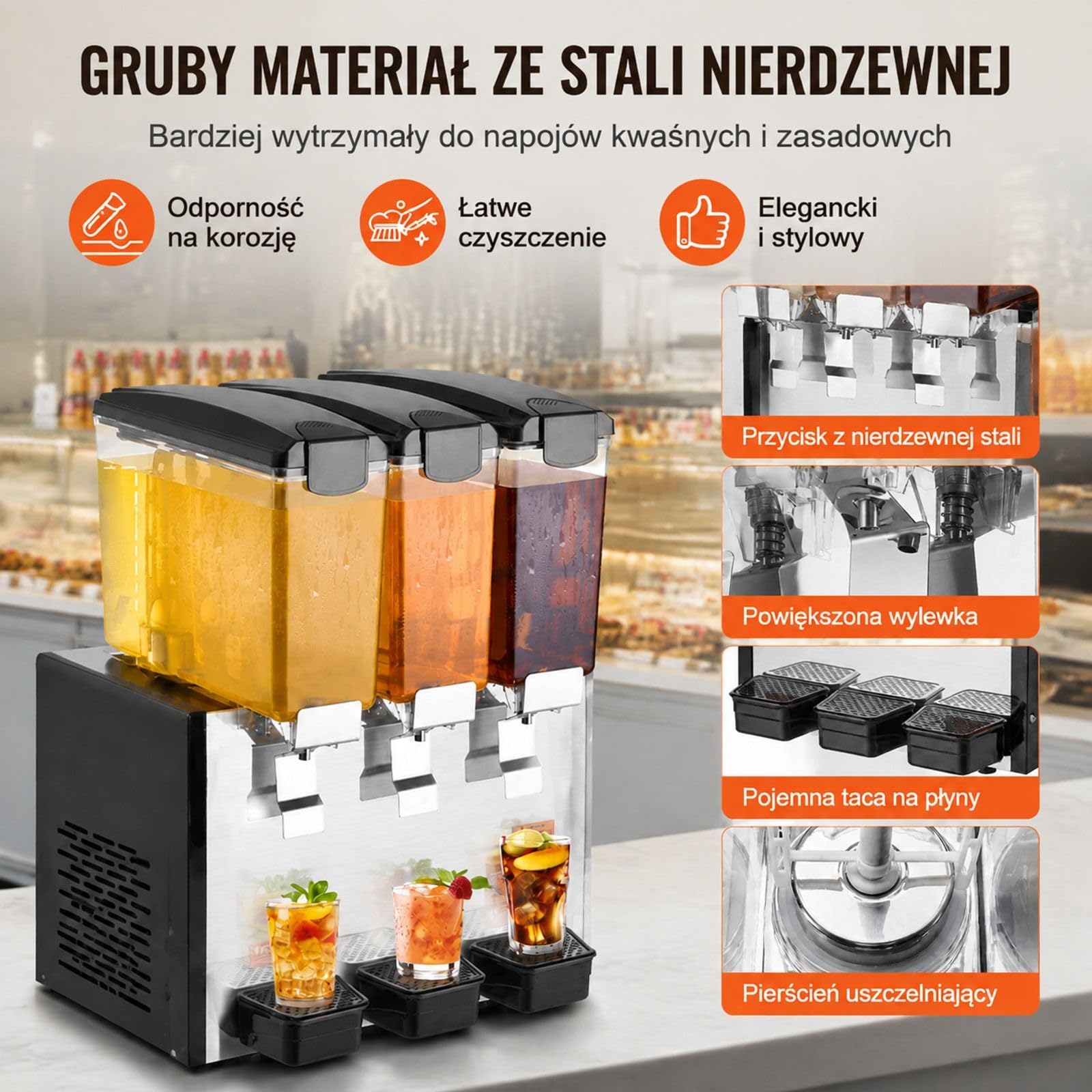 Komercyjny dozownik napojów z 3 zbiornikami, 3 x 10 l, stal nierdzewna, 440 W, do soków, lemoniady, herbaty mrożonej, restauracji, baru, bufetu, cateringu