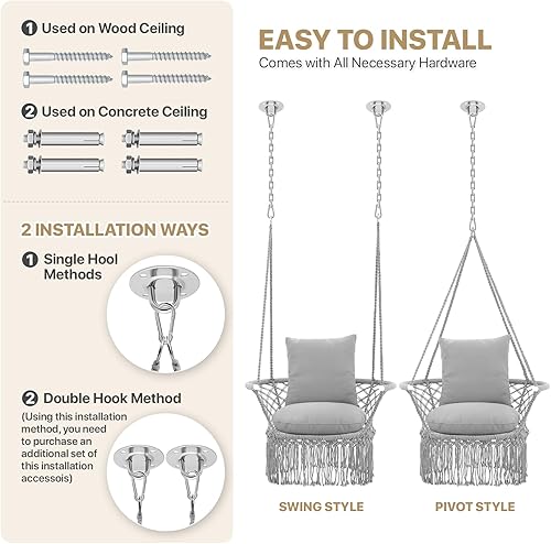 Miniatura 6 de MoNiBloom Silla colgante de macramé, estilo bohemio, con cuerda de algodón, con borlas, máximo 350 libras para dormitorio, sala de estar, porche,