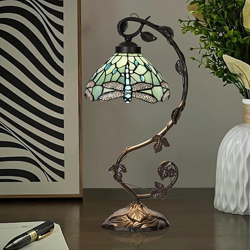 Miniatura 5 de TL0024 Lámpara estilo Tiffany con diseño de libélula azul mar, pantalla de vitral y diseño de vid para dormitorio, sala de estar, 10 pulgadas de