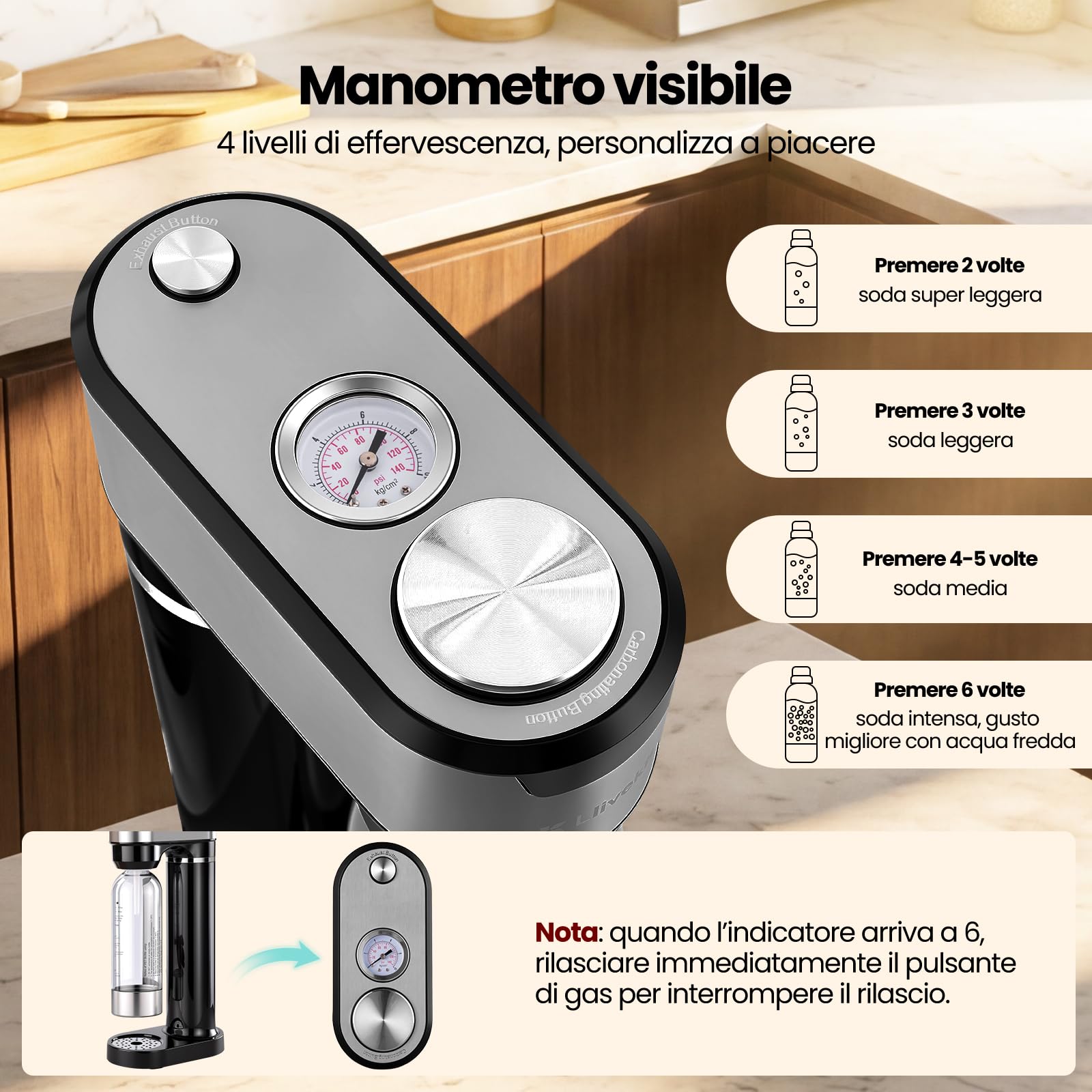 LLIVEKIT Gasatore d’acqua con 4 Livelli di Effervescenza, Gasatore Manuale con Bottiglie in PET senza BPA da 0,5 L e 1 L, Corpo in Acciaio Inox, Doppia Valvola di Sicurezza, Nero
