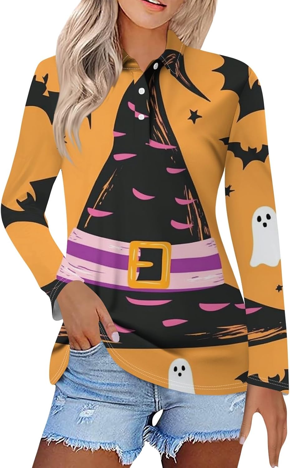 Womens Halloween Fall Long Sleeve Ghost Graphic Polo Shirts | Women's Plus Size Cotton Tops, Summer T Shirts for Women Graphic, Work Blouses, Summer Work Clothes, Blusa