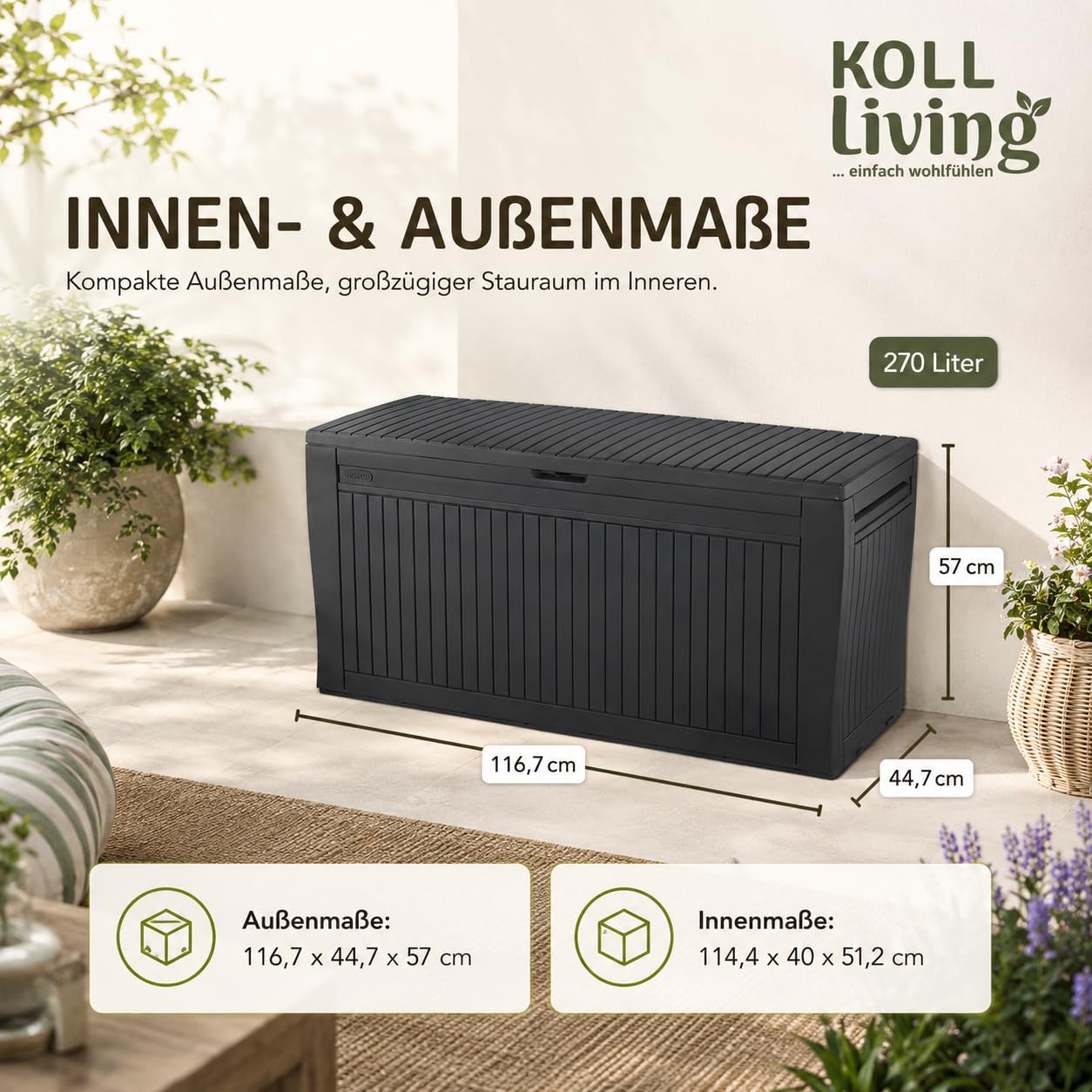 Keter Koll Living - Caja para Cojines (270 L, 100% Resistente al Agua, con ventilación, por lo Que no Hay Mal Olor/Moho, Aspecto de Madera, Tapa Que soporta hasta 250 kg)