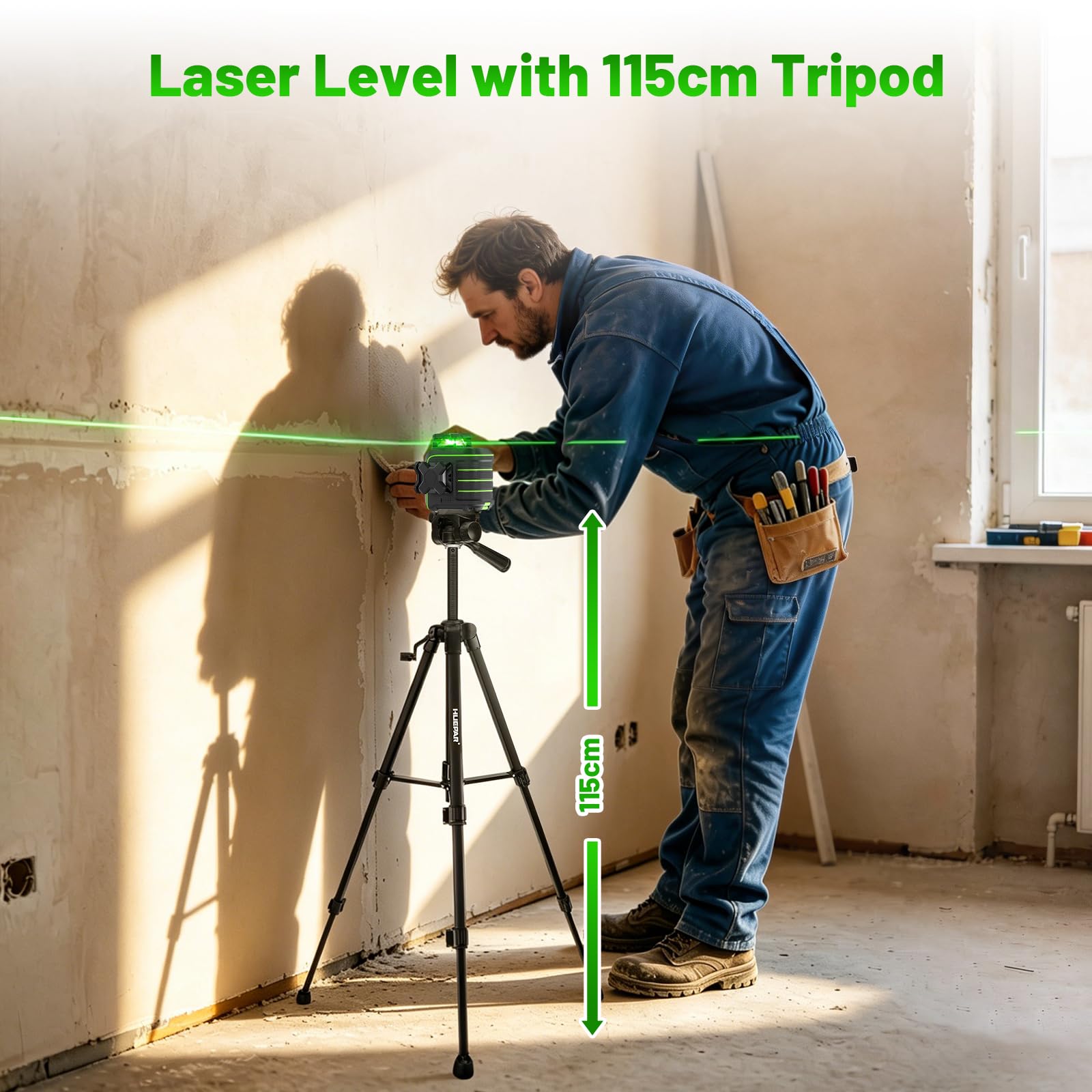 Huepar Livella Laser Verde 3x360°Autolivellante con Treppiede 1,2m, Resistente alle Cadute fino 1,5m,12 Linee,Supporto Magnetico 360°,Modalità Impulso,Portata 50m, Kit Professionale Completo U03CGT