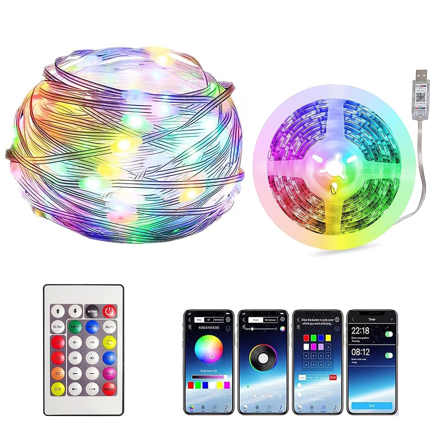 GIFTMAX Smart String Lights - 5 Meter 100 LED Fairy Lights with Music Mode Remote App Control RGB Color Changing (5 Meter)