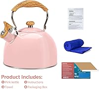 Vista 9 de Hervidor de té, estufa silbante de 2.6 cuartos de galón, tetera para estufa, acero inoxidable de grado alimenticio, mango de madera (rosa)