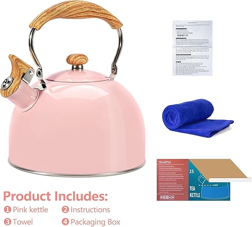 Miniatura 9 de Hervidor de té, estufa silbante de 2.6 cuartos de galón, tetera para estufa, acero inoxidable de grado alimenticio, mango de madera (rosa), con