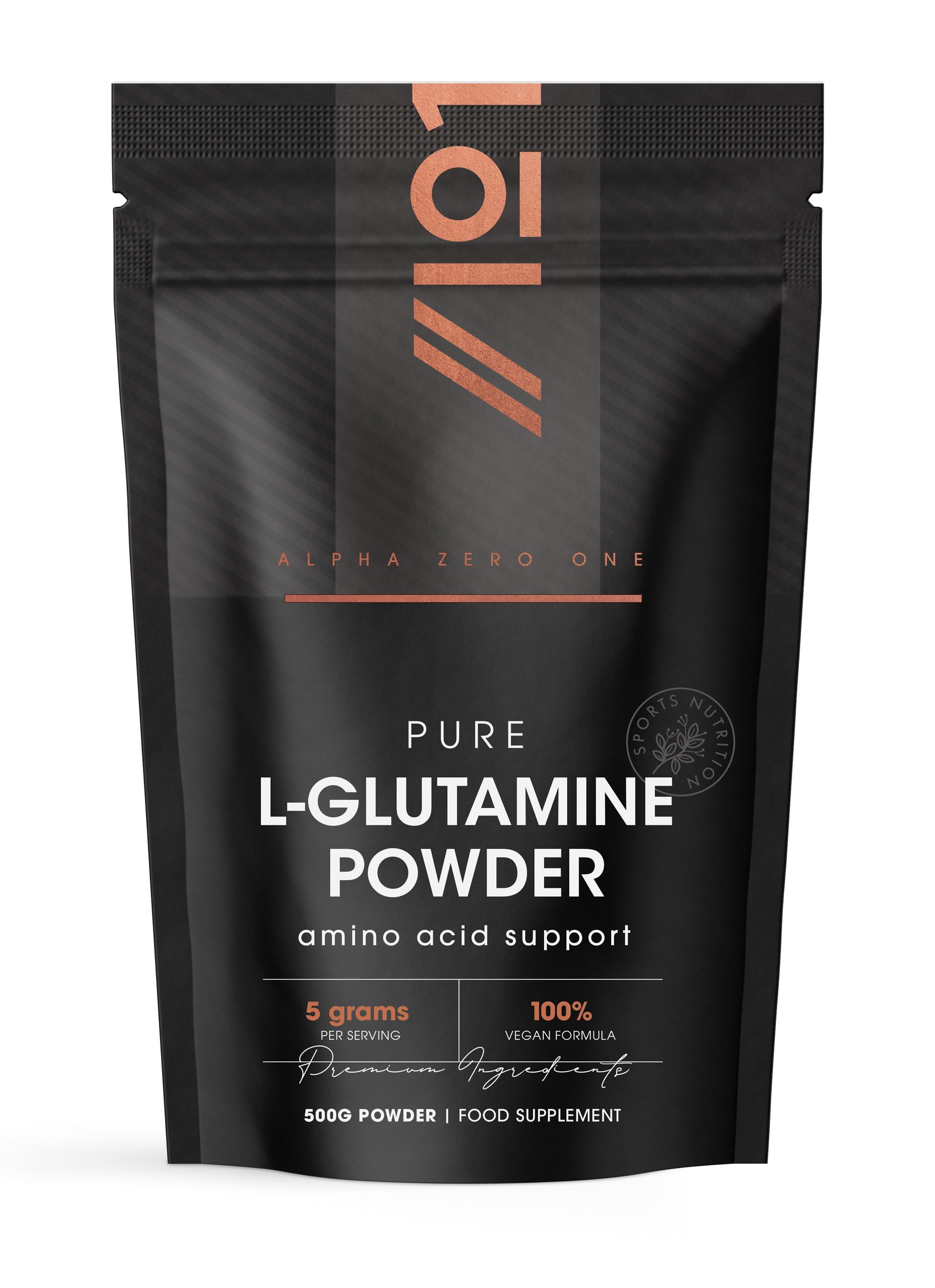 L-Glutamine Powder 500g – Unflavoured – Vegan Fermented Amino Acid – 100% Pure – Resealable and Recyclable Pouch by Alpha01