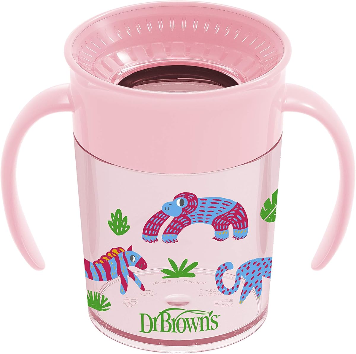 Milestones Cheers 360 Spoutless Transition Cup with Handles, Travel Friendly and Leak Free Sippy, Pink Animals, 7 oz/200 mL, BPA-Free, 6m+, 1-Pack