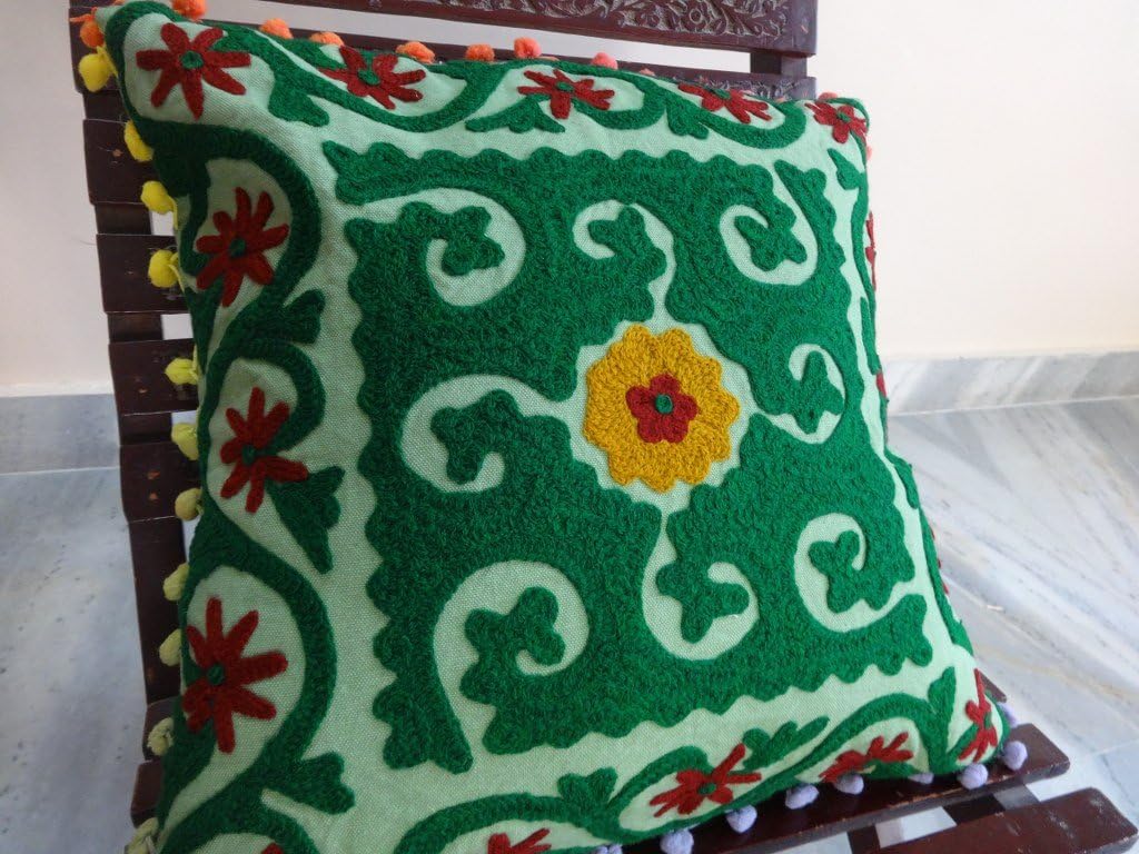 Trade Star Beautiful Embroidered Pillow Cover with Pom Pom 16 x16 Inches Decorative Indian Design Cushion Cover for Home Decor