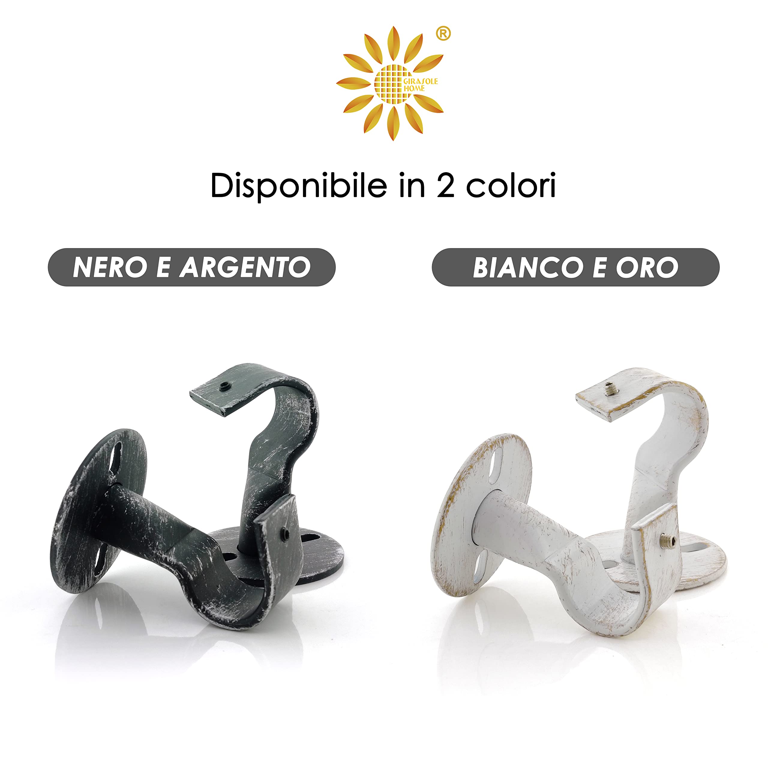 GIRASOLE HOME Staffa Aperta per Asta da Tenda 2 Pezzi Supporto Soffitto Parete Ferro 18-20 mm Bianco Oro