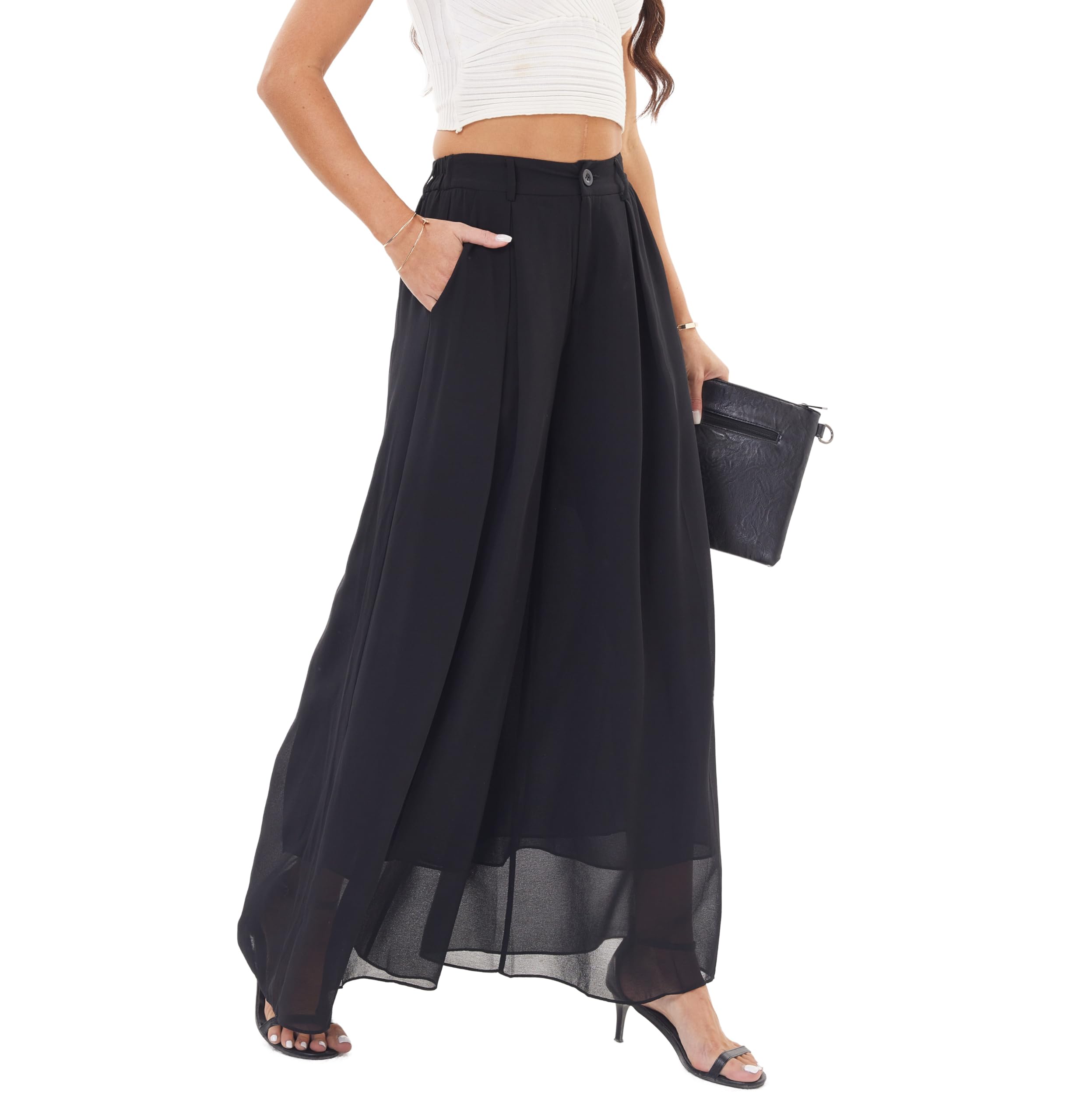 Fakanhui Pantaloni a palazzo da donna, eleganti, in chiffon, a gamba larga, eleganti, fluidi, da lavoro, casual