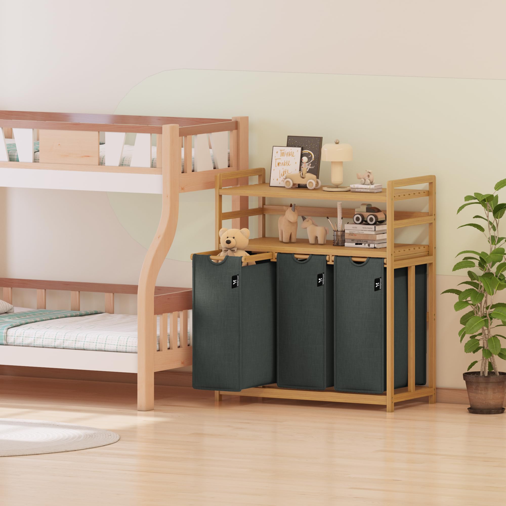 AdelDream Cesta para la Ropa 150L 3 Compartimentos 2 Estantes Bolsa para la Ropa Extensible y Desmontable Cestos para la Ropa con Estructura de Bambú Gran capacidad Gris