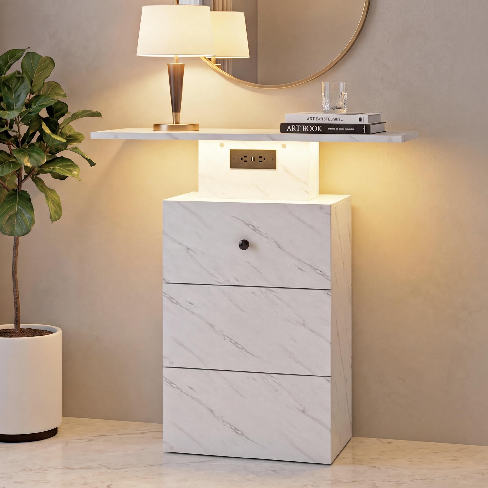 Manora Console Meuble avec Éclairage LED, Console Bois d'Entrée avec Prise USB et Tiroir, Table Console Entrée Peu Encombrante 80 x 30 x76 cm pour Salon, Canapé, Couloir, Blanc Effet Marbre