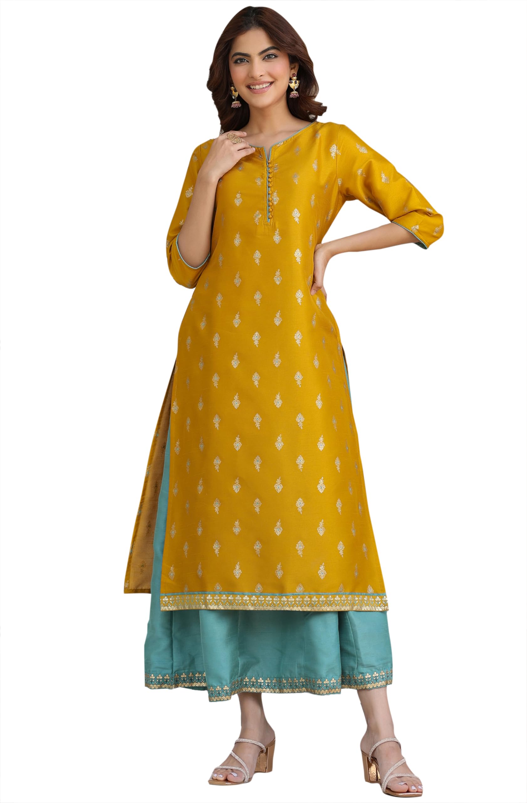 janasya Women's Mustard Silk Blend Gold Print Anarkali Ethnic Dress-picture-38