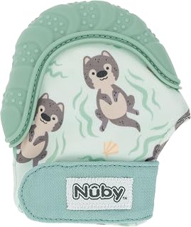 Nuby Happy Hands Silicone Teething Mitten Otter - Soft Massaging Baby Teether, Soothes Gums, Easy Wear 3+ Months, Machine Washable