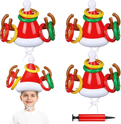 Syhood Paquete de 4 anillos inflables de cuernos de reno, 4 sombreros inflables de cuernos de reno, 24 anillos inflables con 1 bomba, juegos de