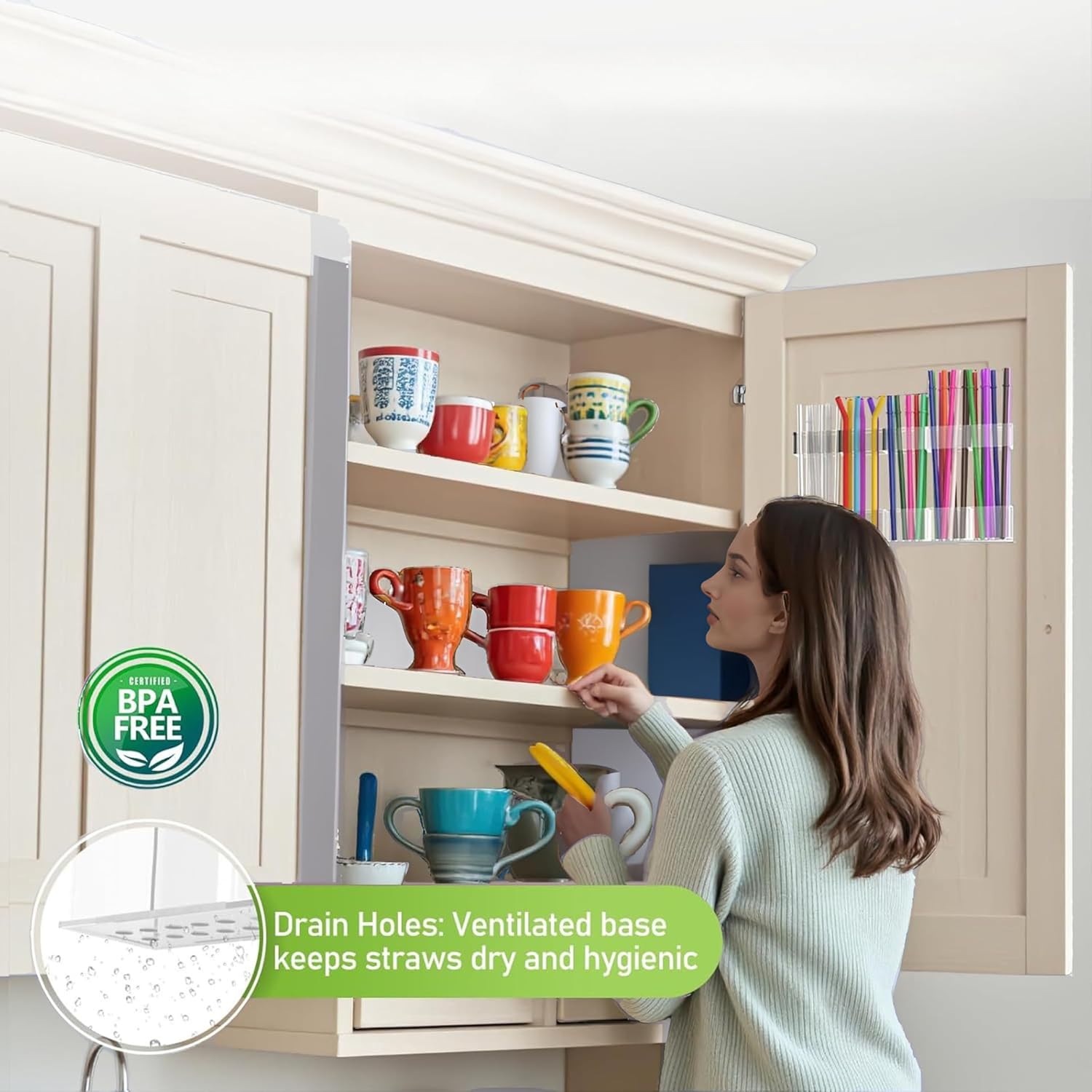 Straw Holder for Cabinet Door, 9.5’’ Large Acrylic Adjustable Straws Organizer with Ultra Sticky Adhesive Strips, Reusable Tumbler Straw Organizer Storage for Kitchen Counter Cupboard Door - Image 8