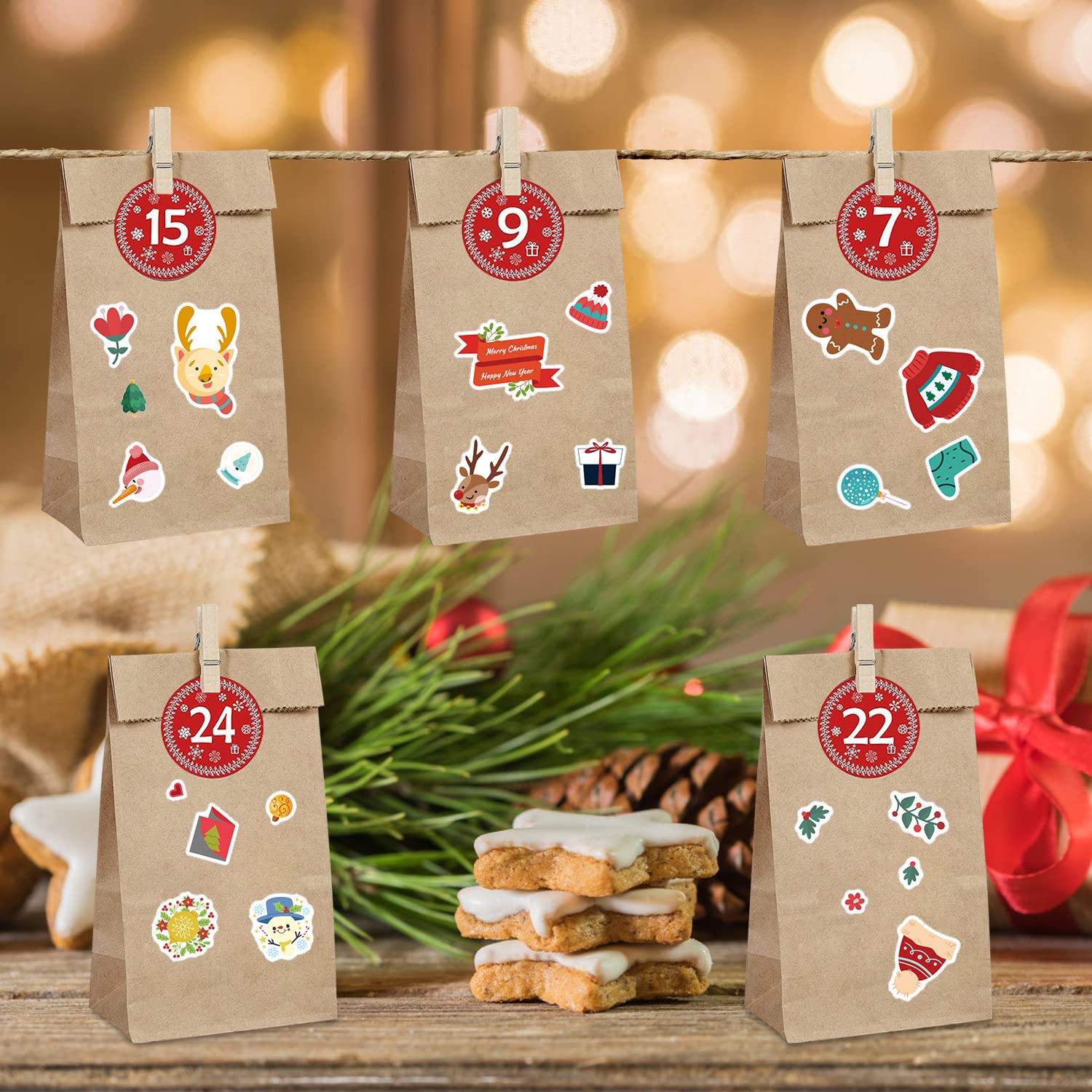 Pegatinas rellenables para calendario de Adviento 24 bolsas papel kraft navideñas números clips cordeles bricolaje